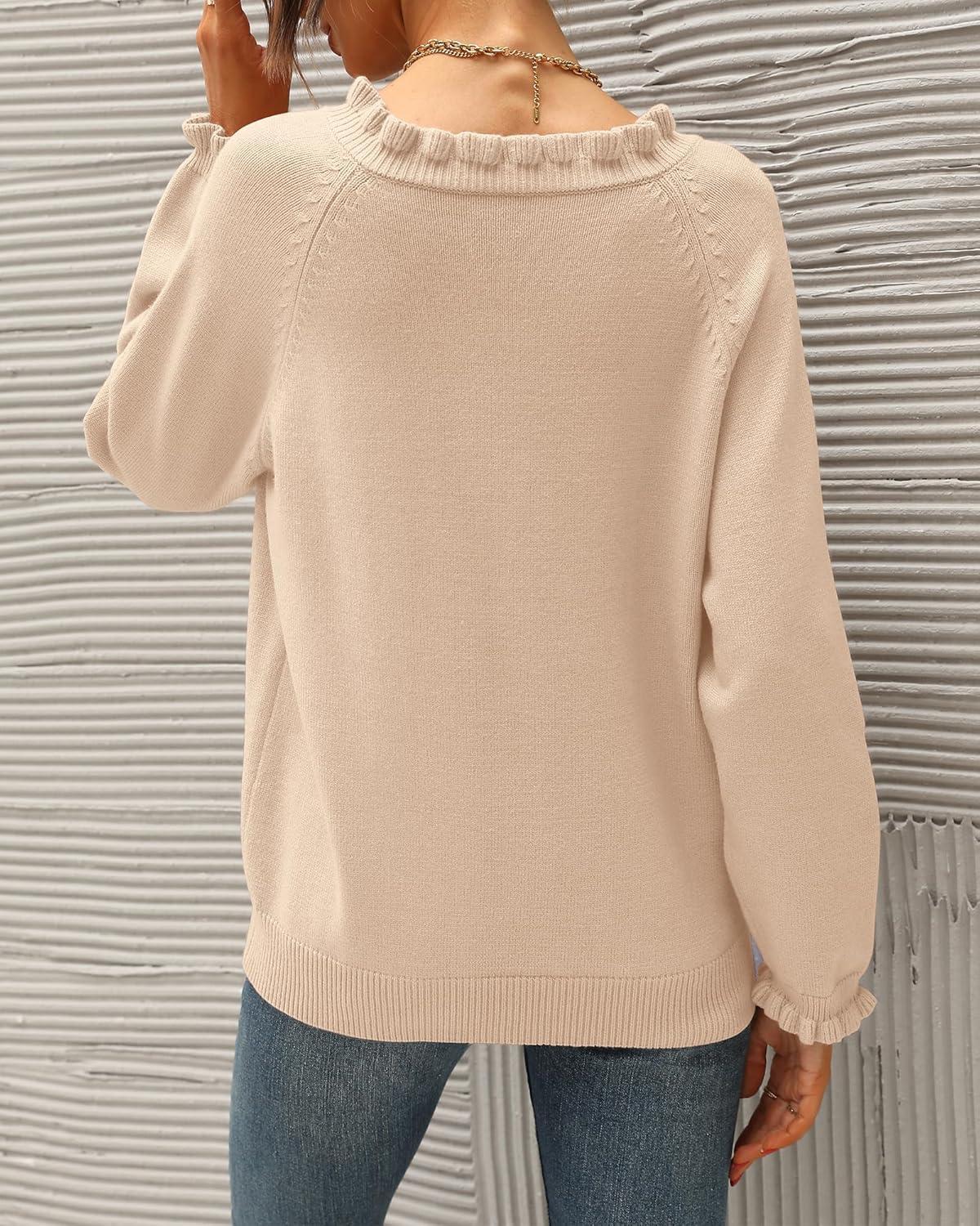 imageBTFBM Womens Sweaters Fall Winter Clothes 2025 Long Sleeve Button Down Ruffle Crew Neck Casual Knitted Pullover TopsBeige