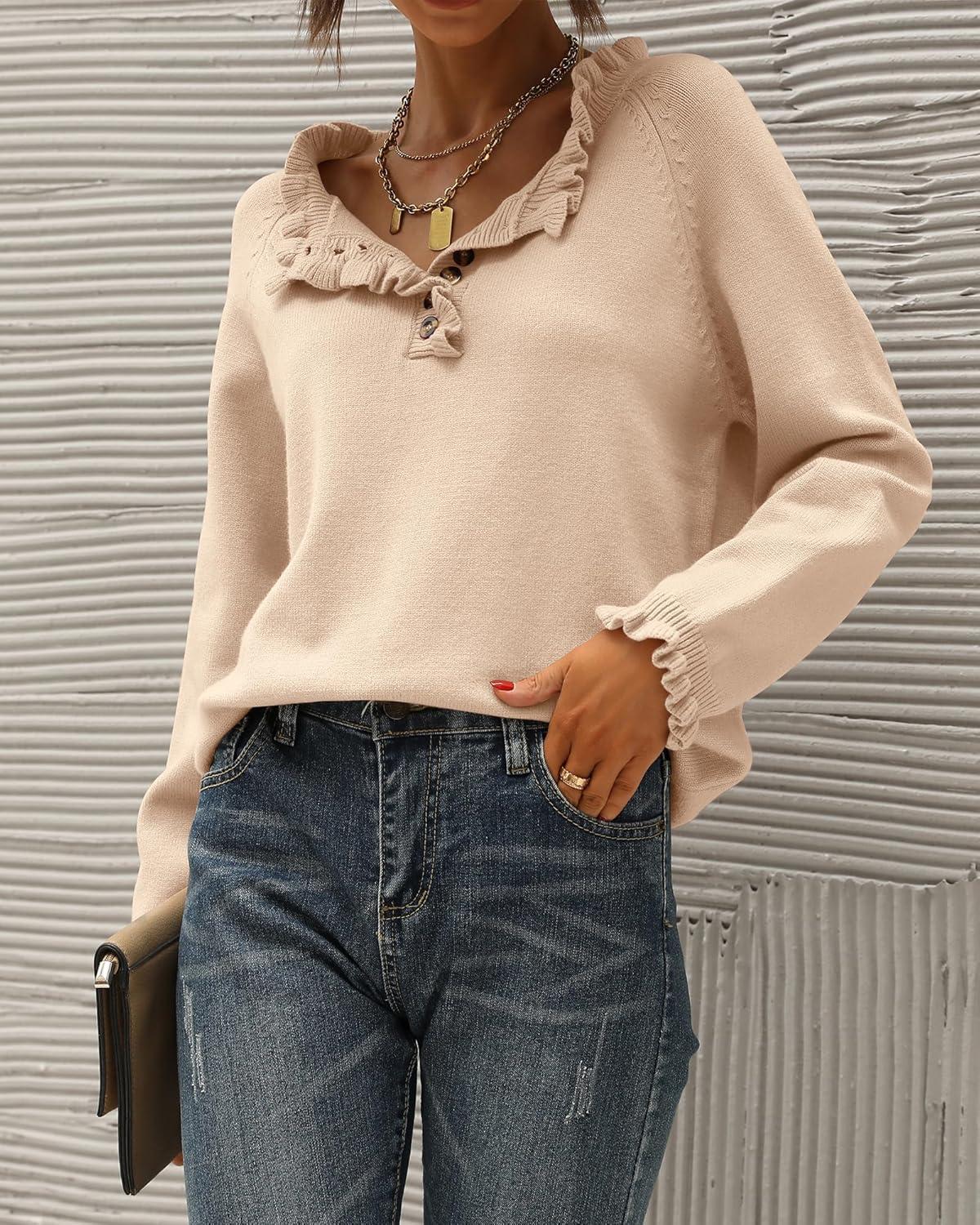 imageBTFBM Womens Sweaters Fall Winter Clothes 2025 Long Sleeve Button Down Ruffle Crew Neck Casual Knitted Pullover TopsBeige