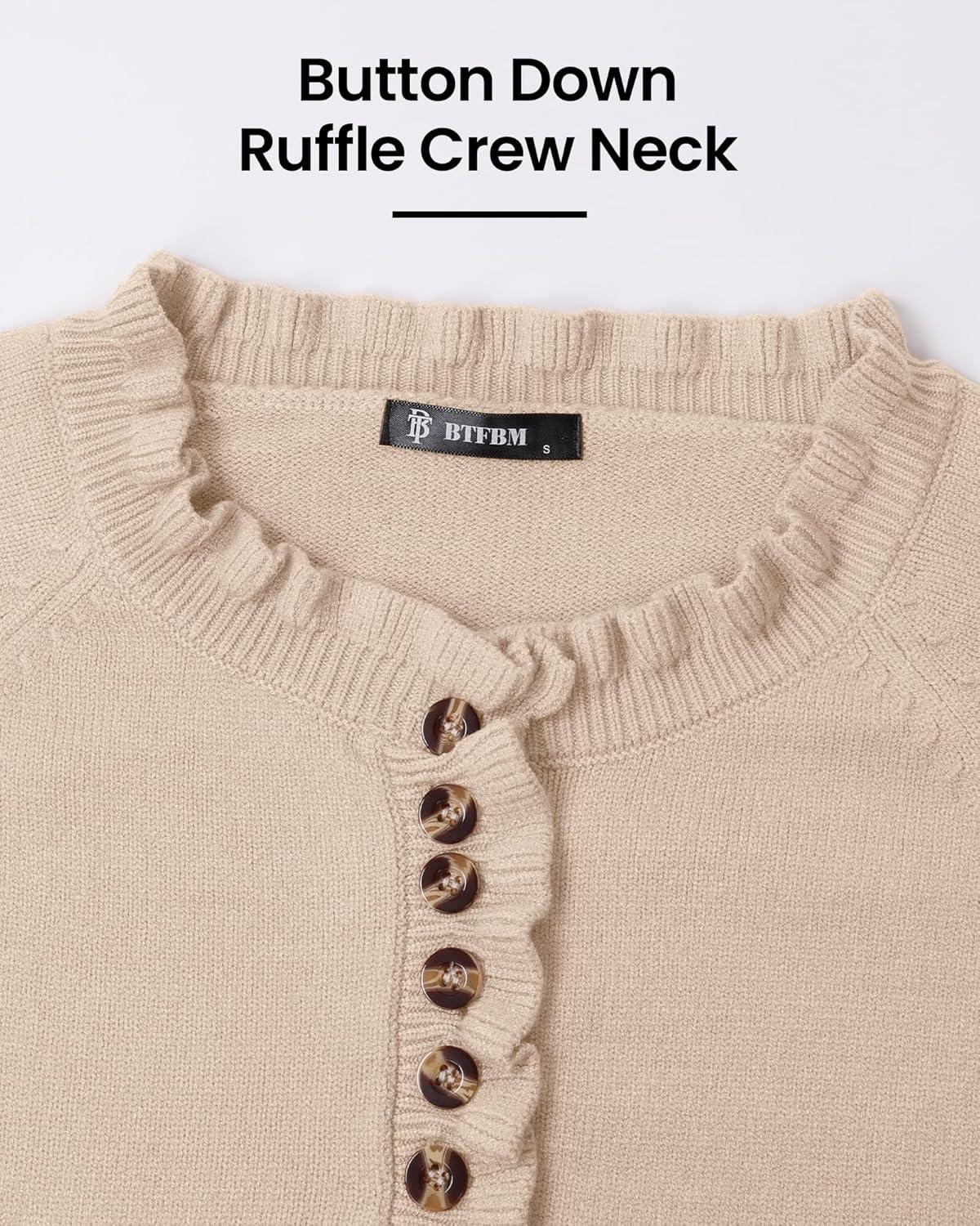 imageBTFBM Womens Sweaters Fall Winter Clothes 2025 Long Sleeve Button Down Ruffle Crew Neck Casual Knitted Pullover TopsBeige