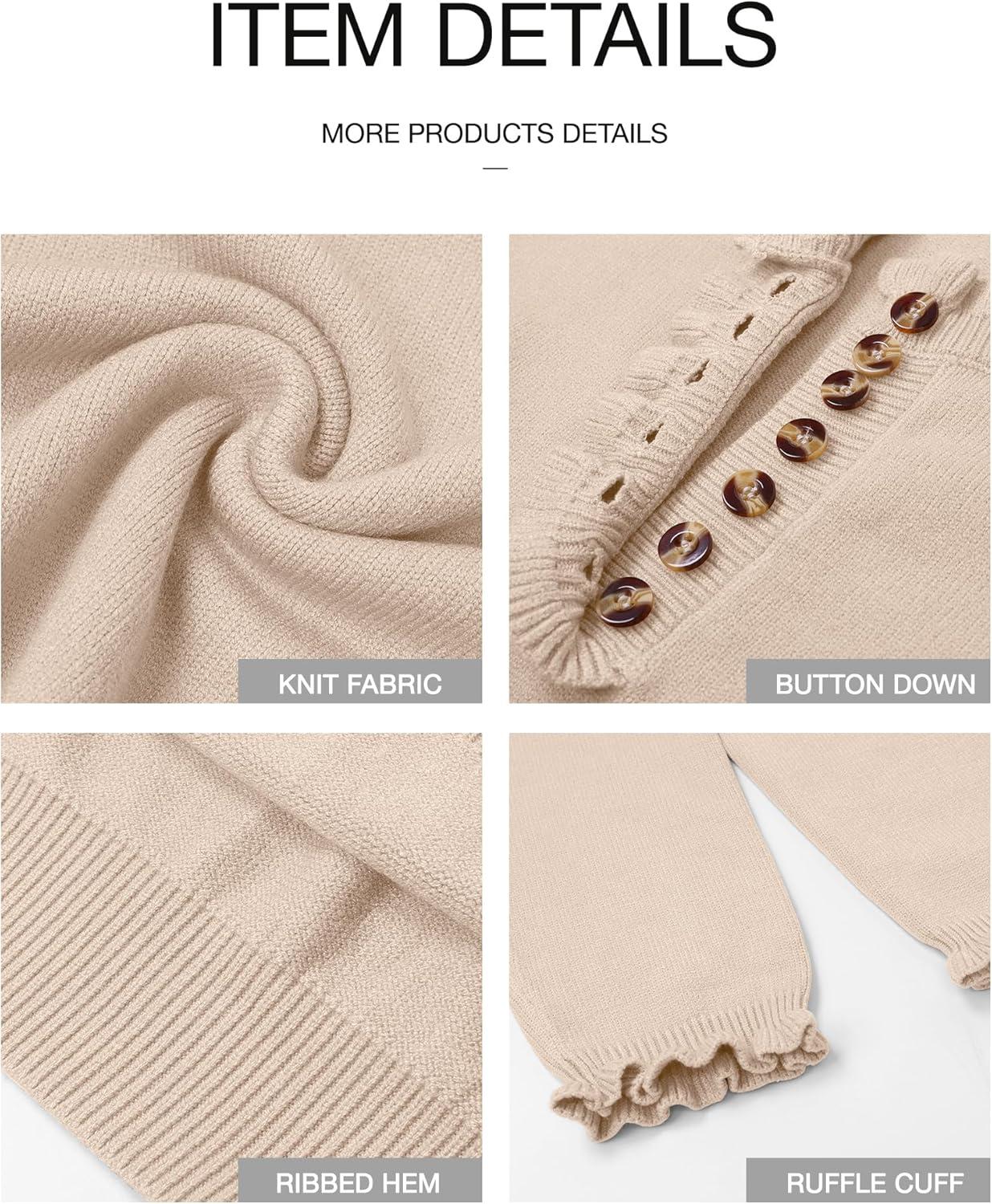 imageBTFBM Womens Sweaters Fall Winter Clothes 2025 Long Sleeve Button Down Ruffle Crew Neck Casual Knitted Pullover TopsBeige