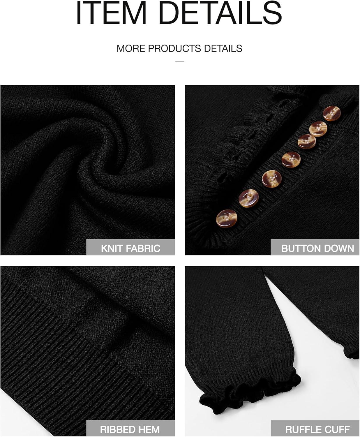 imageBTFBM Womens Sweaters Fall Winter Clothes 2025 Long Sleeve Button Down Ruffle Crew Neck Casual Knitted Pullover TopsBlack