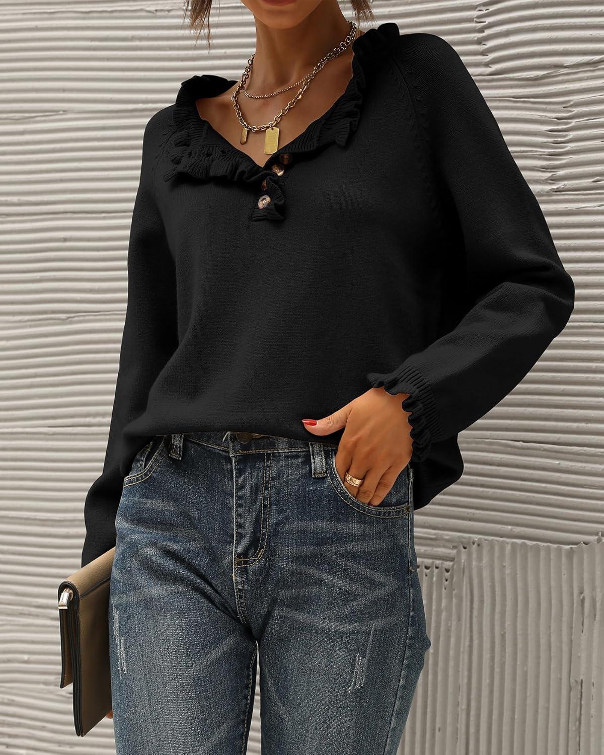 imageBTFBM Womens Sweaters Fall Winter Clothes 2025 Long Sleeve Button Down Ruffle Crew Neck Casual Knitted Pullover TopsBlack