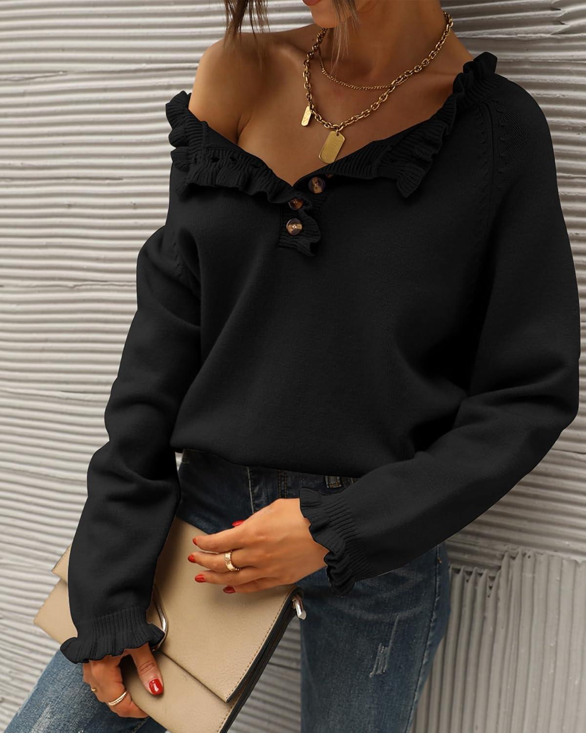 imageBTFBM Womens Sweaters Fall Winter Clothes 2025 Long Sleeve Button Down Ruffle Crew Neck Casual Knitted Pullover TopsBlack