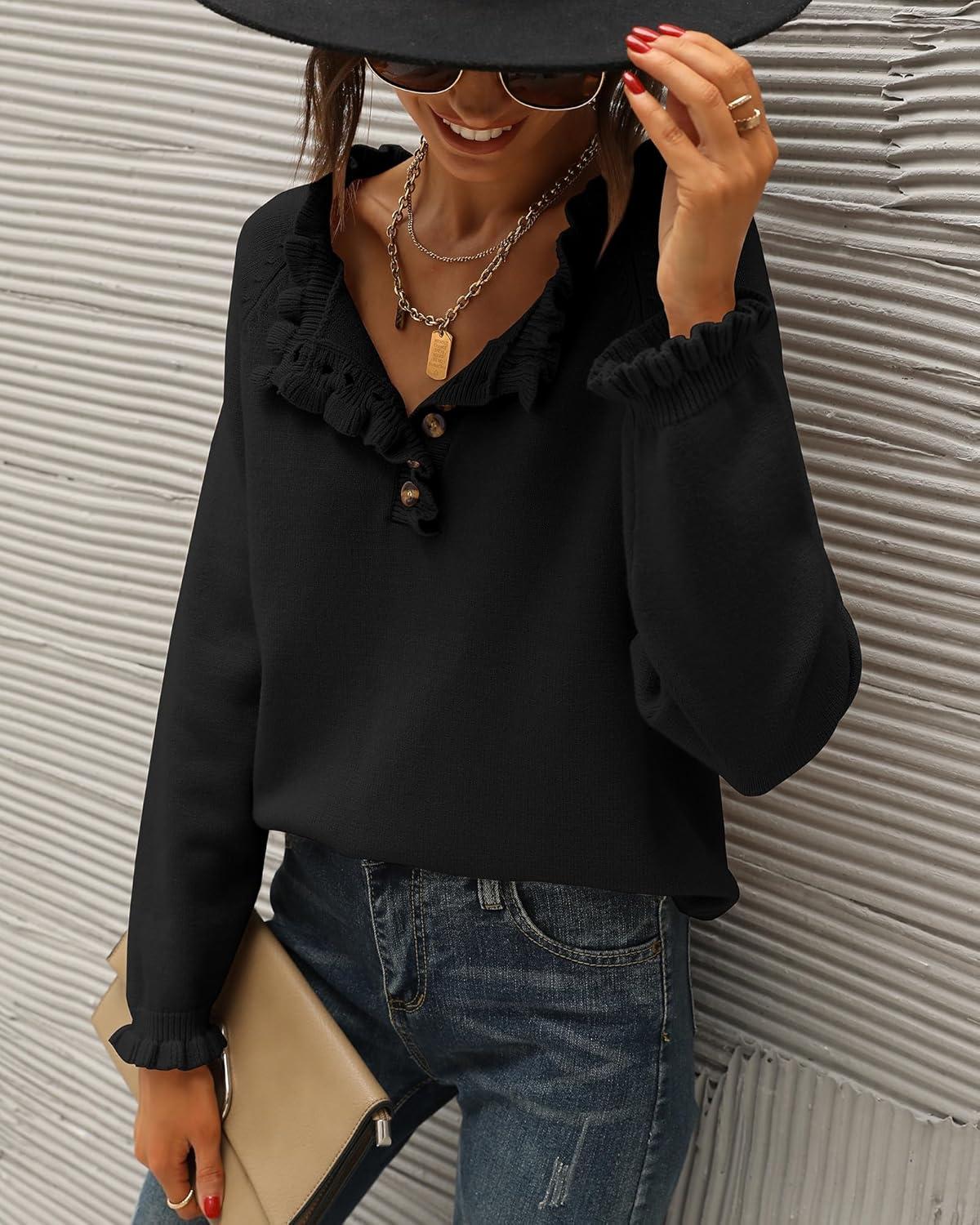 imageBTFBM Womens Sweaters Fall Winter Clothes 2025 Long Sleeve Button Down Ruffle Crew Neck Casual Knitted Pullover TopsBlack