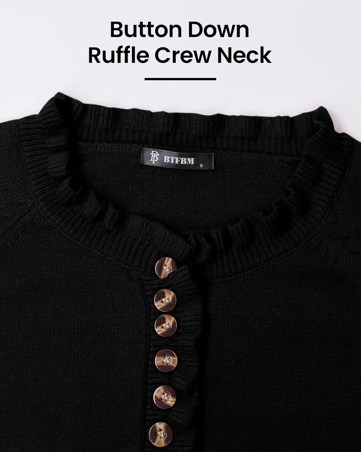 imageBTFBM Womens Sweaters Fall Winter Clothes 2025 Long Sleeve Button Down Ruffle Crew Neck Casual Knitted Pullover TopsBlack