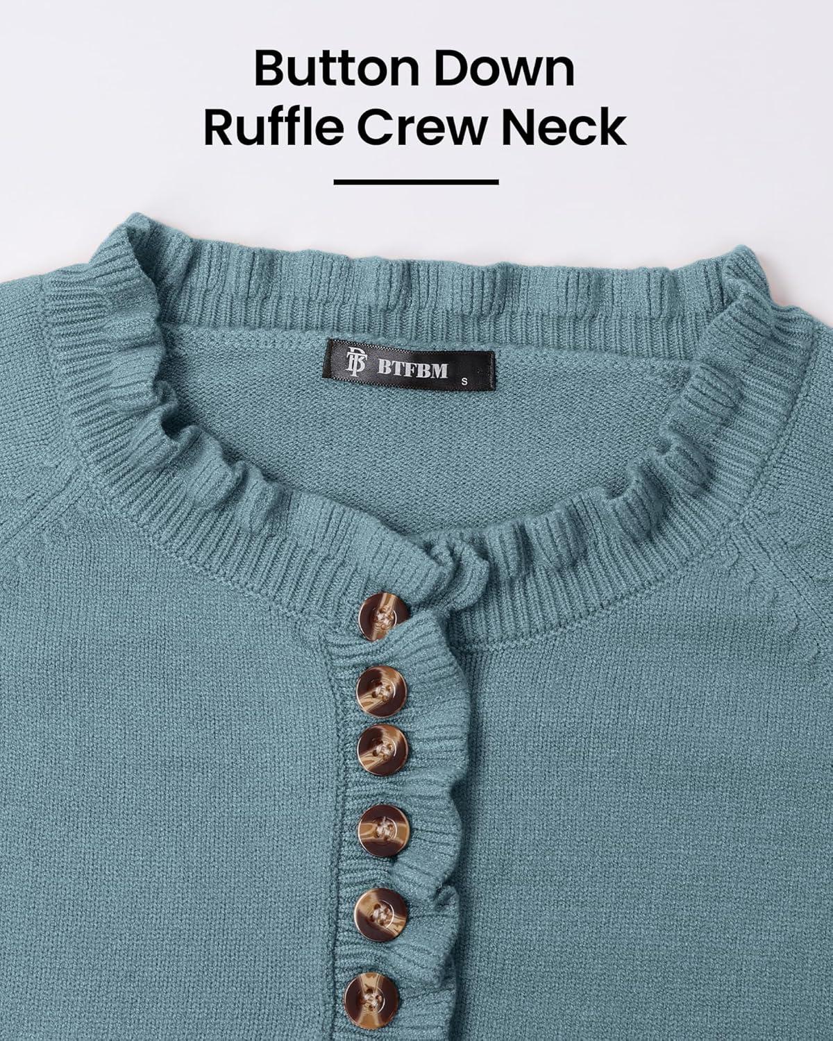 imageBTFBM Womens Sweaters Fall Winter Clothes 2025 Long Sleeve Button Down Ruffle Crew Neck Casual Knitted Pullover TopsBlue