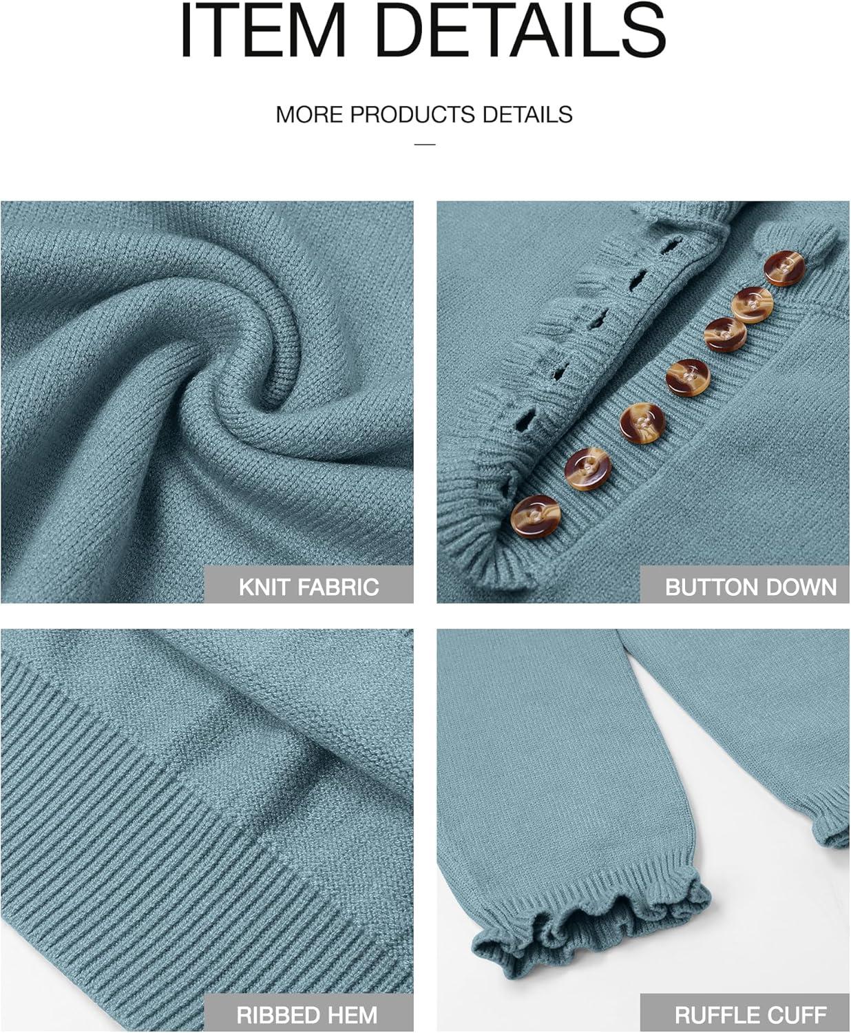 imageBTFBM Womens Sweaters Fall Winter Clothes 2025 Long Sleeve Button Down Ruffle Crew Neck Casual Knitted Pullover TopsBlue