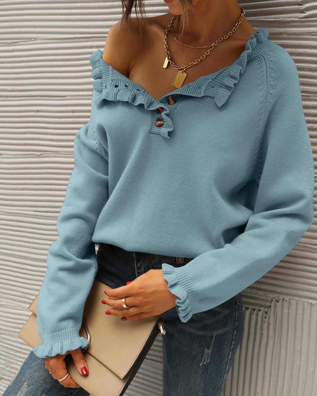 imageBTFBM Womens Sweaters Fall Winter Clothes 2025 Long Sleeve Button Down Ruffle Crew Neck Casual Knitted Pullover TopsBlue
