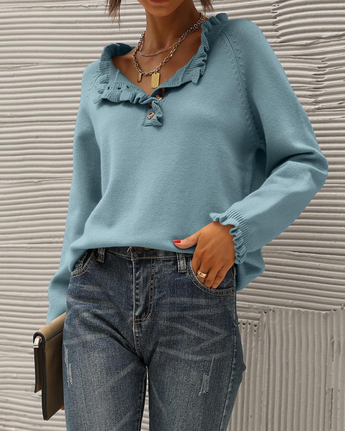 imageBTFBM Womens Sweaters Fall Winter Clothes 2025 Long Sleeve Button Down Ruffle Crew Neck Casual Knitted Pullover TopsBlue