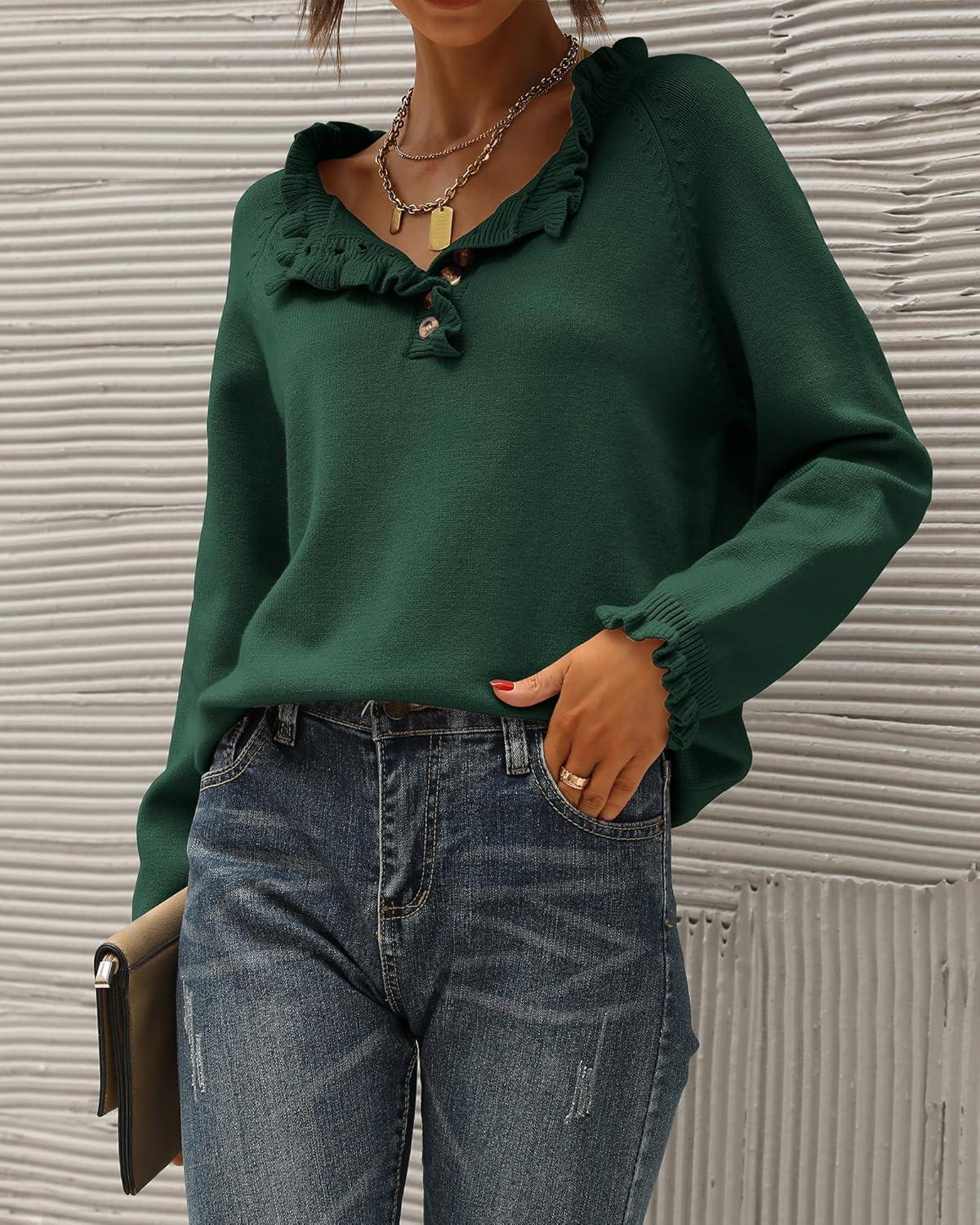 imageBTFBM Womens Sweaters Fall Winter Clothes 2025 Long Sleeve Button Down Ruffle Crew Neck Casual Knitted Pullover TopsDark Green