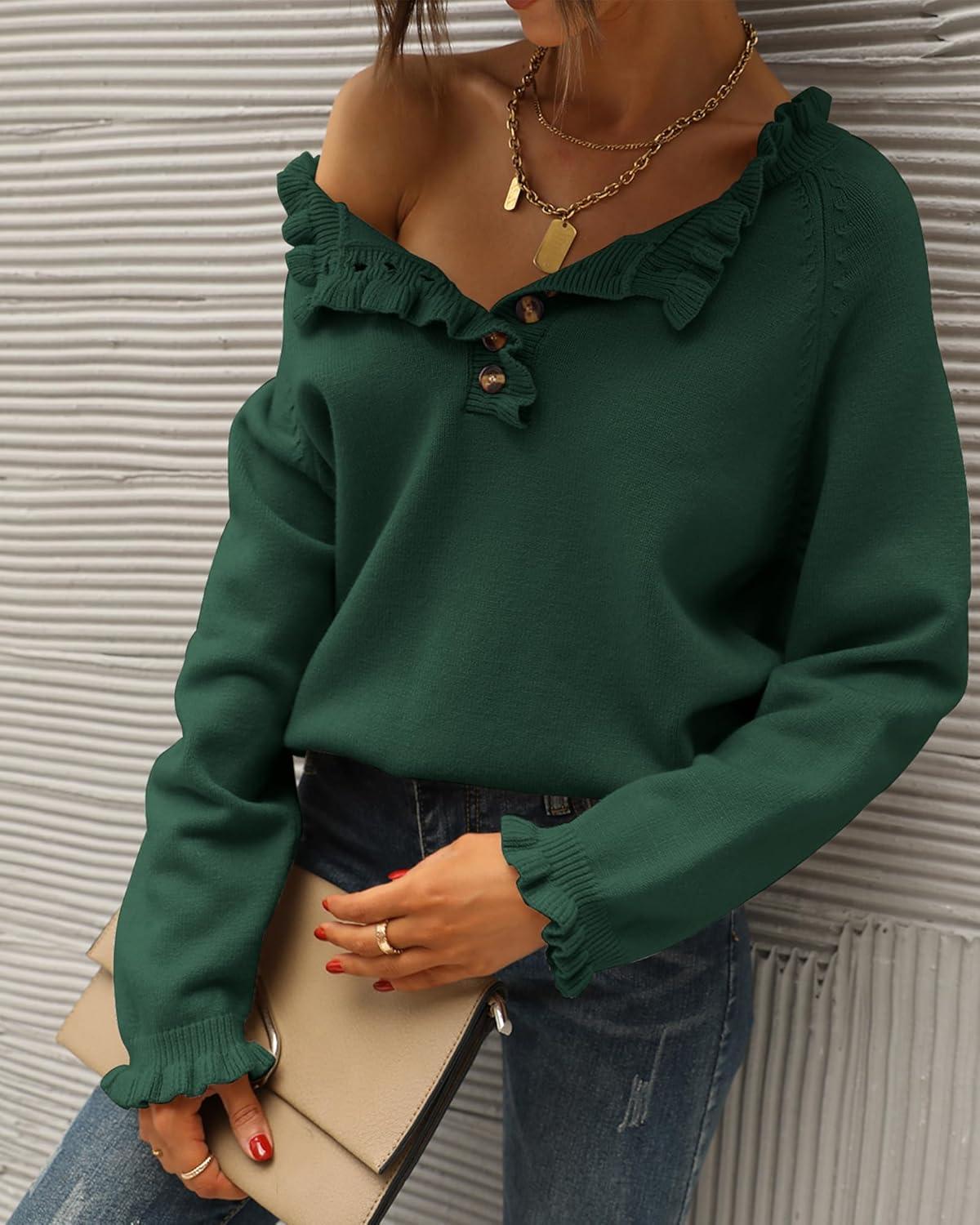 imageBTFBM Womens Sweaters Fall Winter Clothes 2025 Long Sleeve Button Down Ruffle Crew Neck Casual Knitted Pullover TopsDark Green