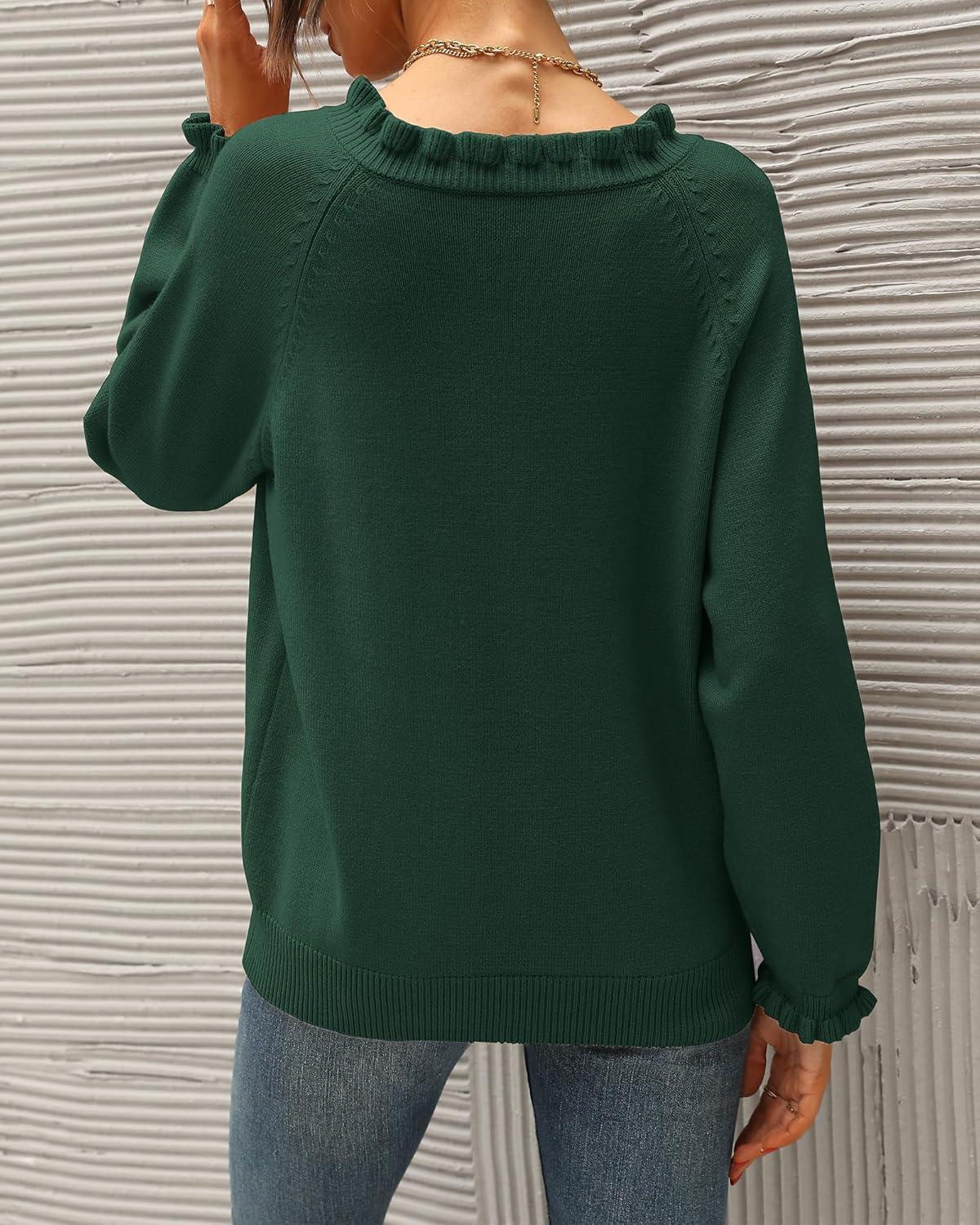imageBTFBM Womens Sweaters Fall Winter Clothes 2025 Long Sleeve Button Down Ruffle Crew Neck Casual Knitted Pullover TopsDark Green