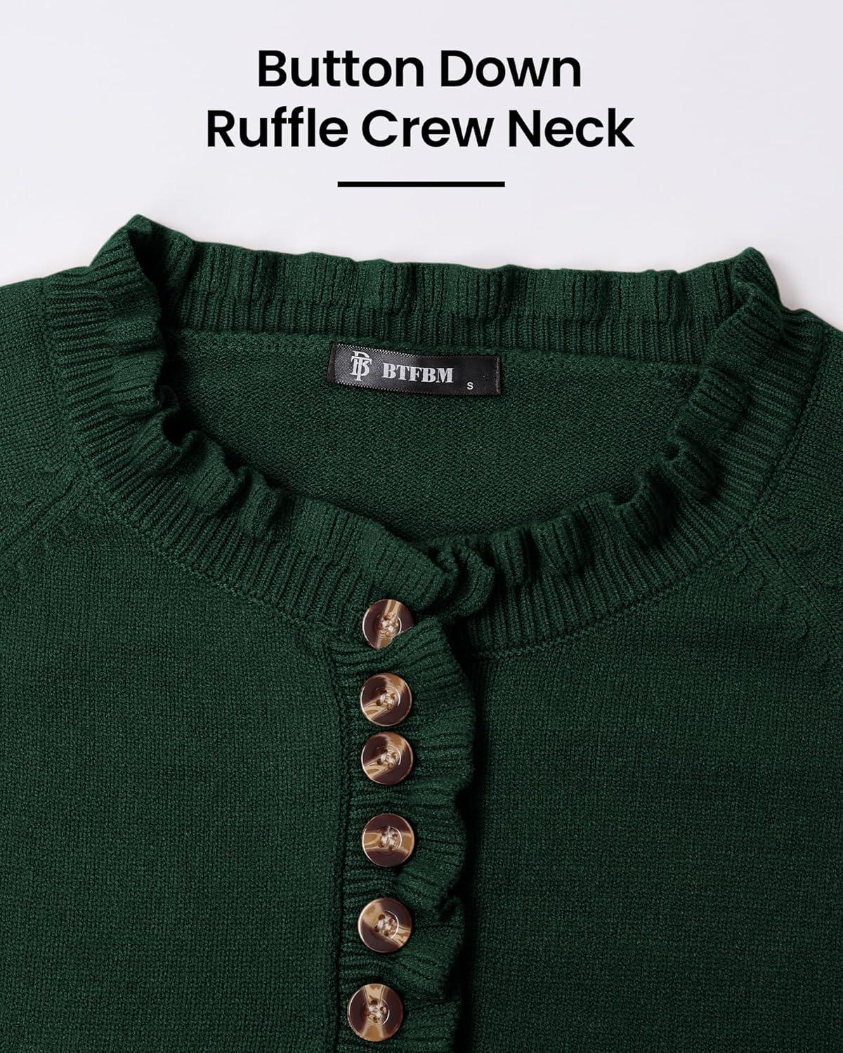 imageBTFBM Womens Sweaters Fall Winter Clothes 2025 Long Sleeve Button Down Ruffle Crew Neck Casual Knitted Pullover TopsDark Green
