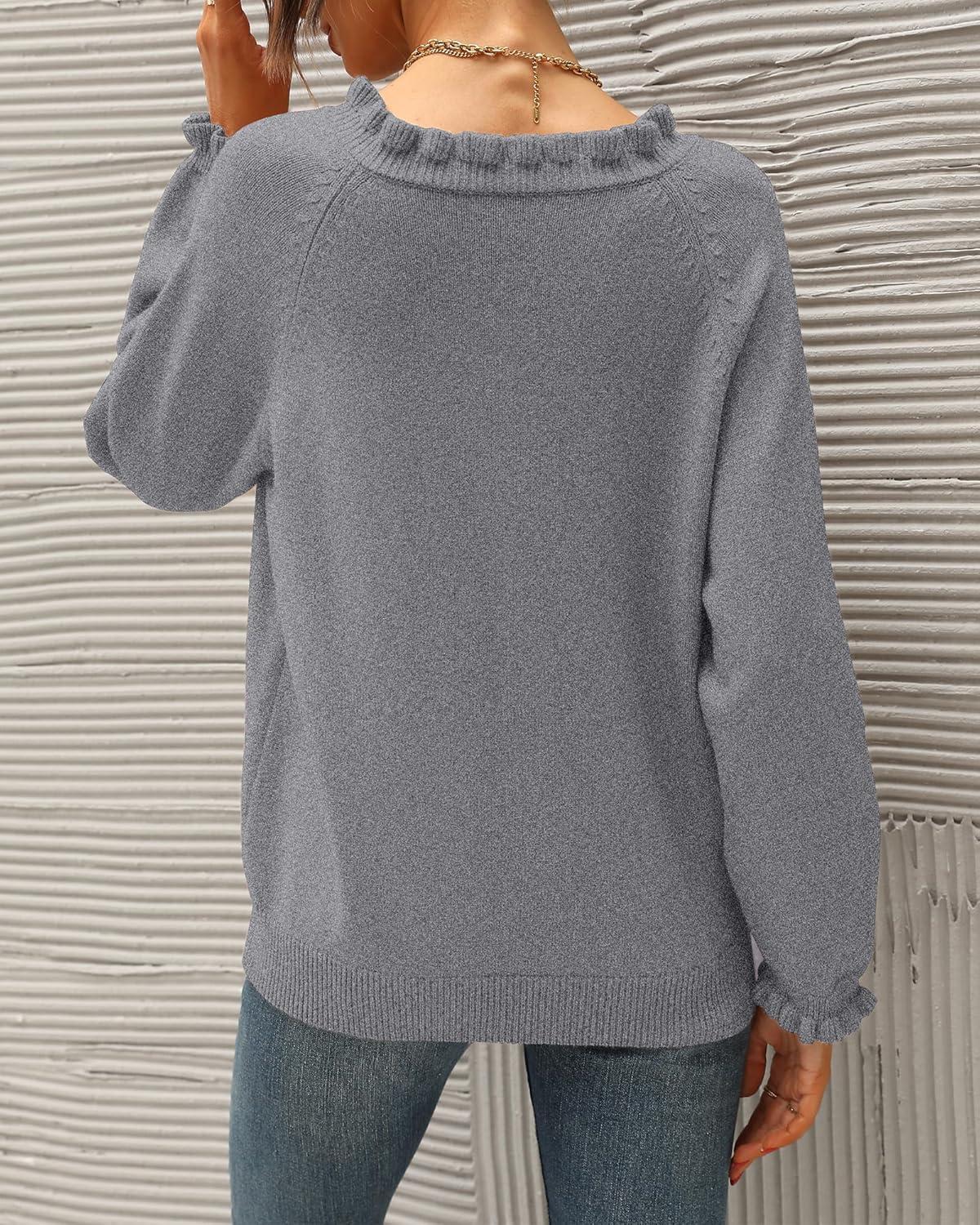 imageBTFBM Womens Sweaters Fall Winter Clothes 2025 Long Sleeve Button Down Ruffle Crew Neck Casual Knitted Pullover TopsGrey