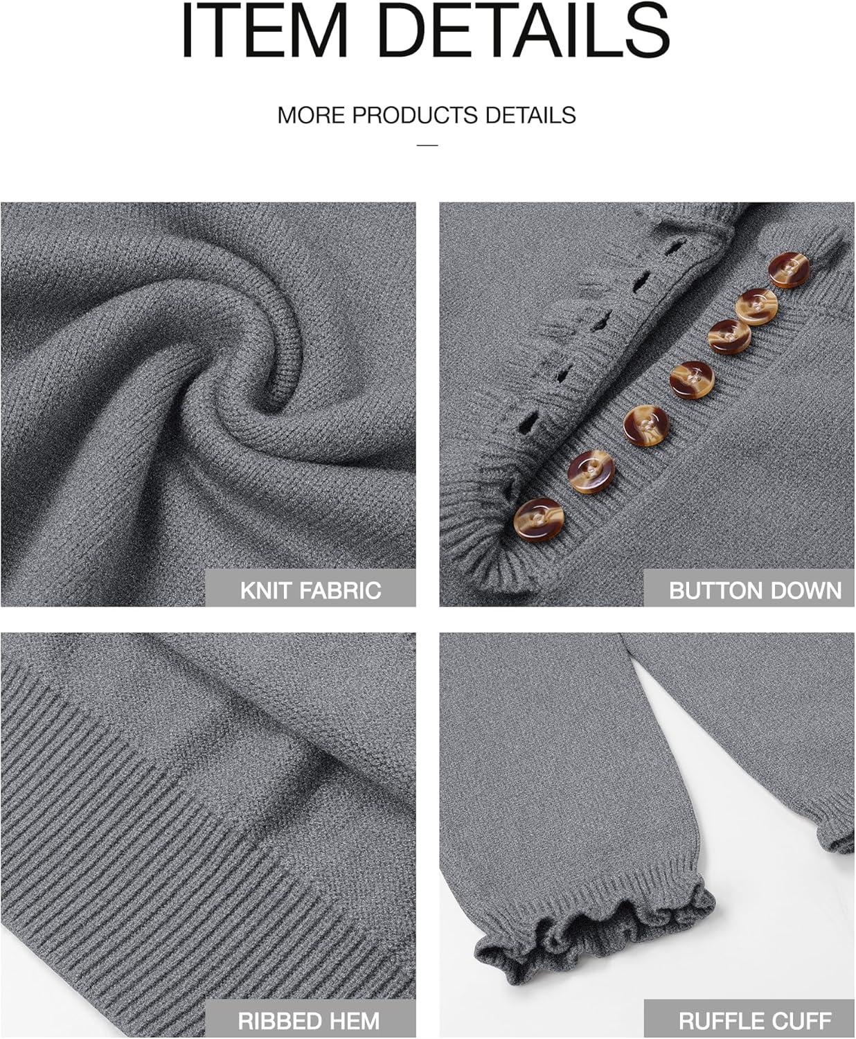 imageBTFBM Womens Sweaters Fall Winter Clothes 2025 Long Sleeve Button Down Ruffle Crew Neck Casual Knitted Pullover TopsGrey