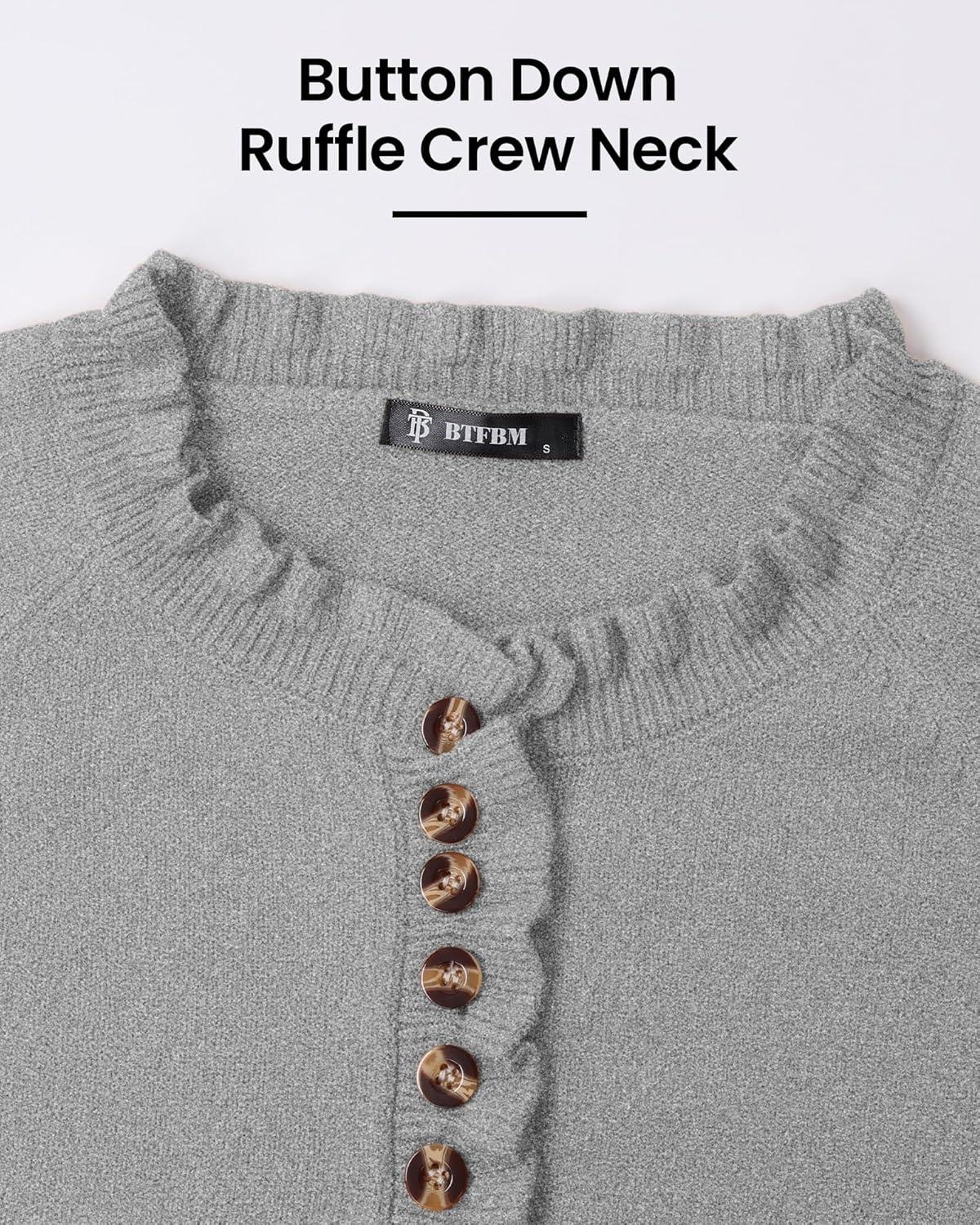 imageBTFBM Womens Sweaters Fall Winter Clothes 2025 Long Sleeve Button Down Ruffle Crew Neck Casual Knitted Pullover TopsGrey