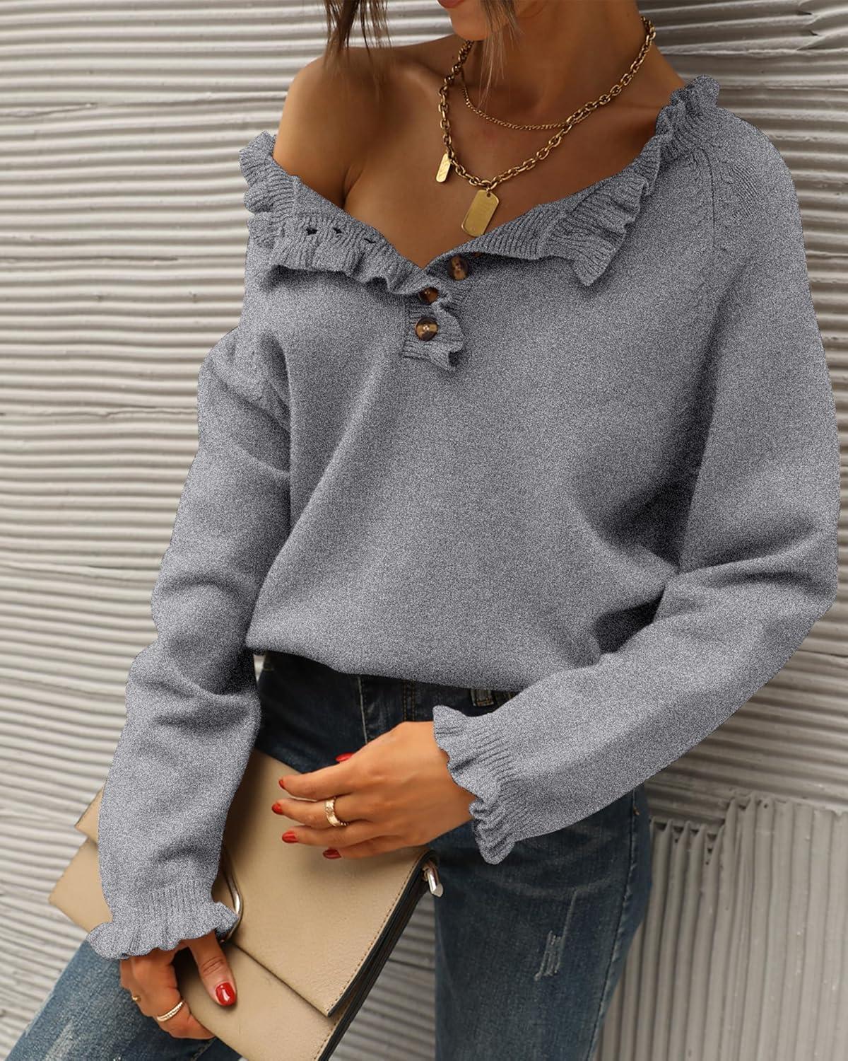 imageBTFBM Womens Sweaters Fall Winter Clothes 2025 Long Sleeve Button Down Ruffle Crew Neck Casual Knitted Pullover TopsGrey