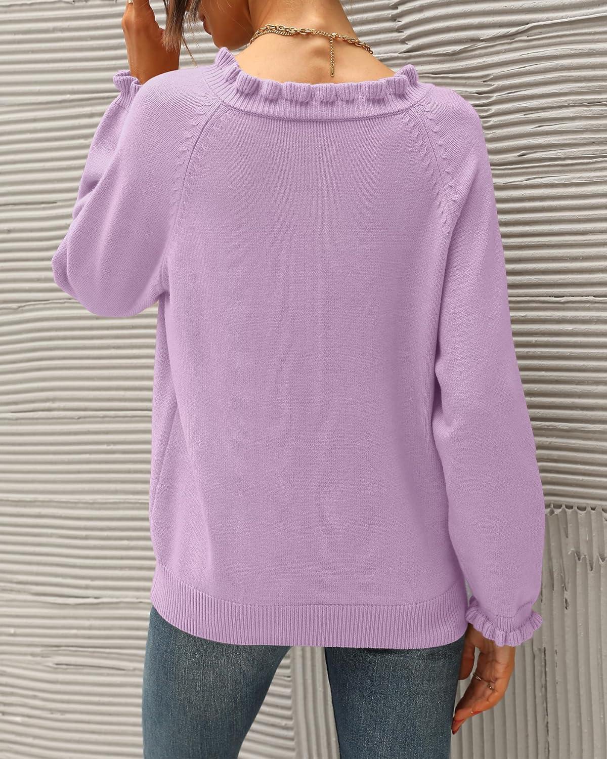imageBTFBM Womens Sweaters Fall Winter Clothes 2025 Long Sleeve Button Down Ruffle Crew Neck Casual Knitted Pullover TopsGrey Purple