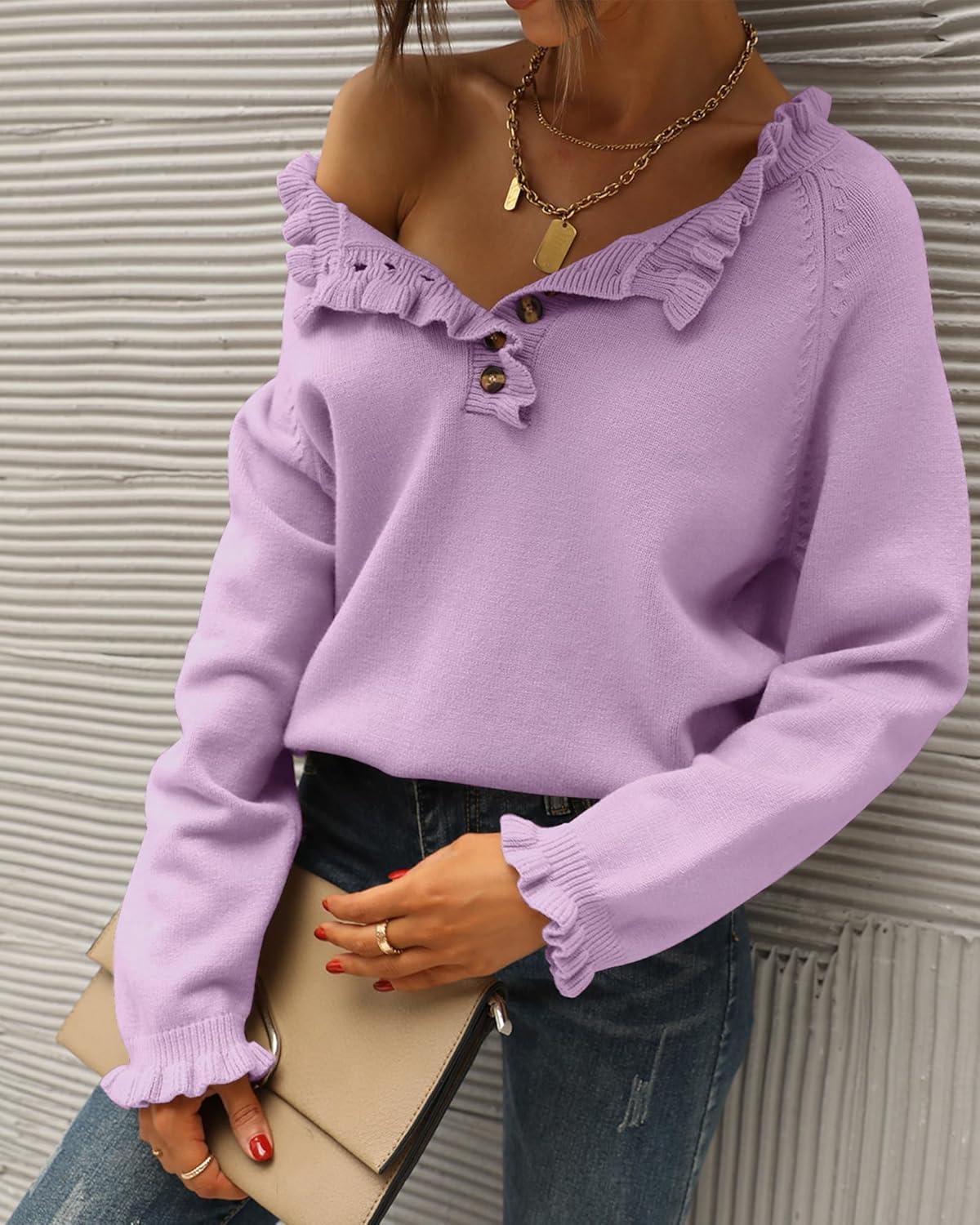 imageBTFBM Womens Sweaters Fall Winter Clothes 2025 Long Sleeve Button Down Ruffle Crew Neck Casual Knitted Pullover TopsGrey Purple