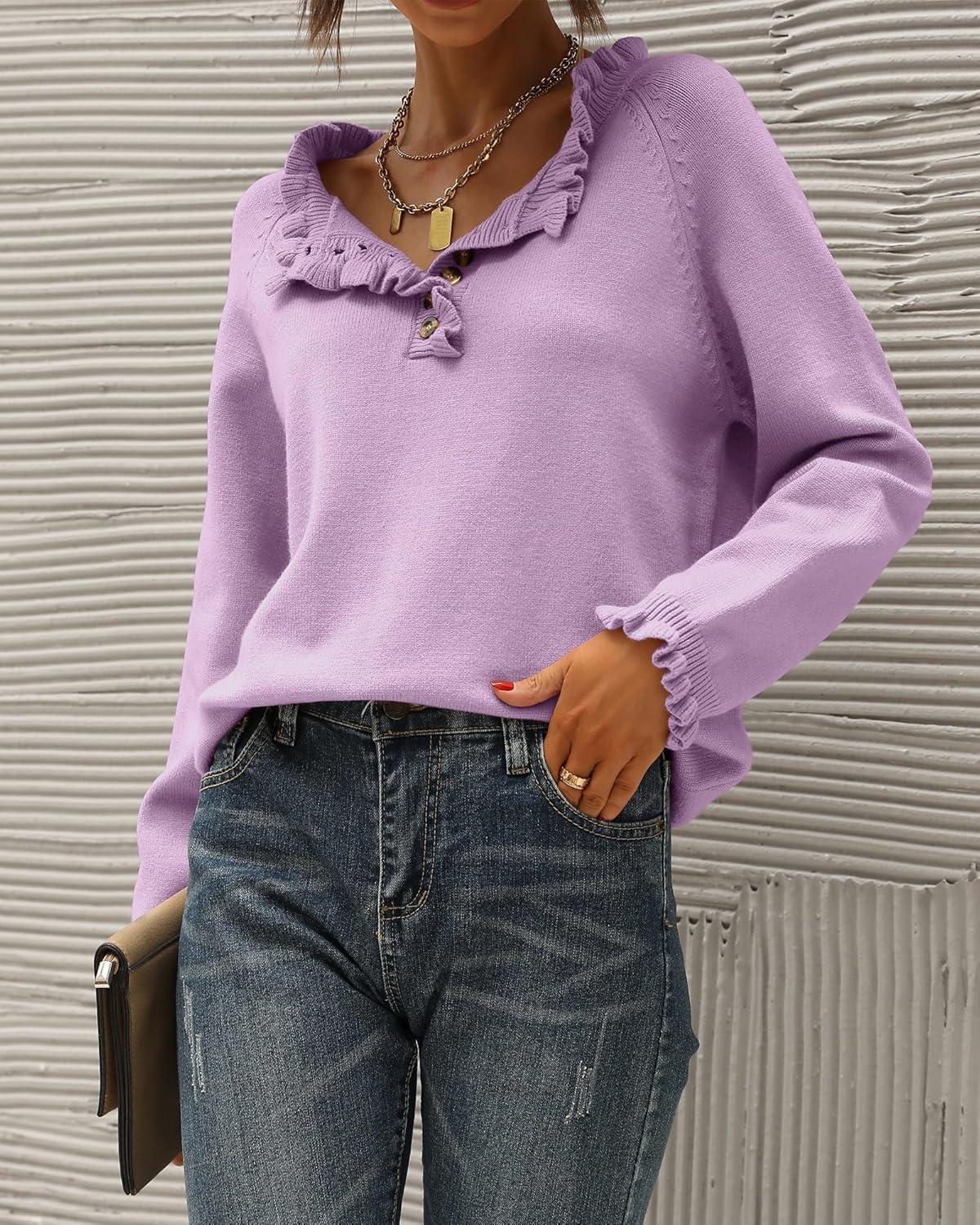 imageBTFBM Womens Sweaters Fall Winter Clothes 2025 Long Sleeve Button Down Ruffle Crew Neck Casual Knitted Pullover TopsGrey Purple