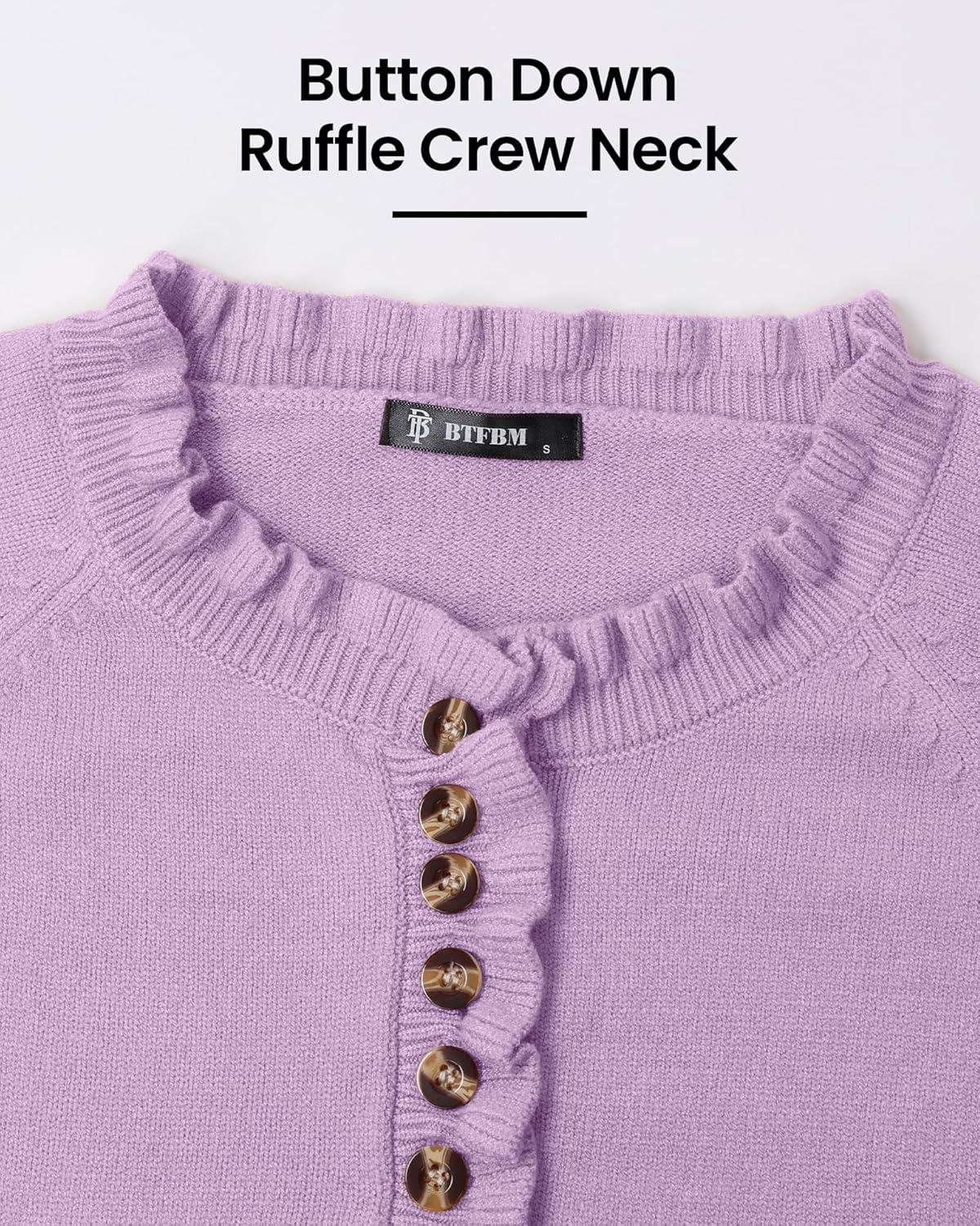 imageBTFBM Womens Sweaters Fall Winter Clothes 2025 Long Sleeve Button Down Ruffle Crew Neck Casual Knitted Pullover TopsGrey Purple