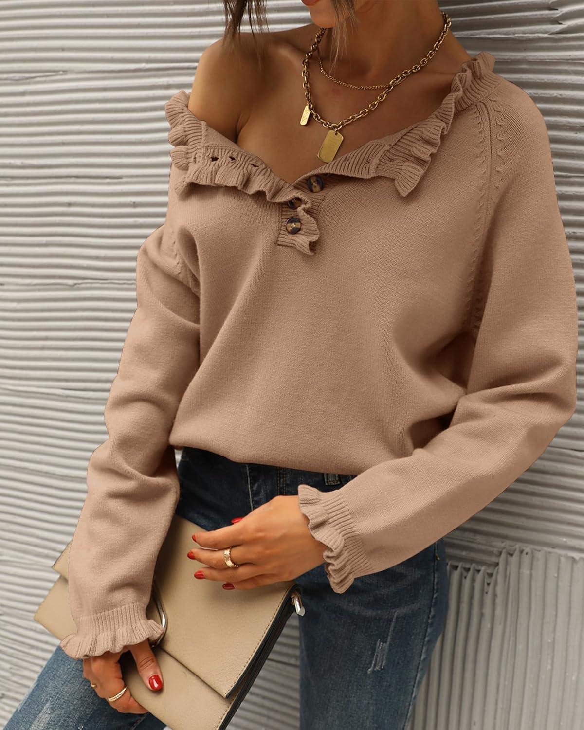 imageBTFBM Womens Sweaters Fall Winter Clothes 2025 Long Sleeve Button Down Ruffle Crew Neck Casual Knitted Pullover TopsKhaki