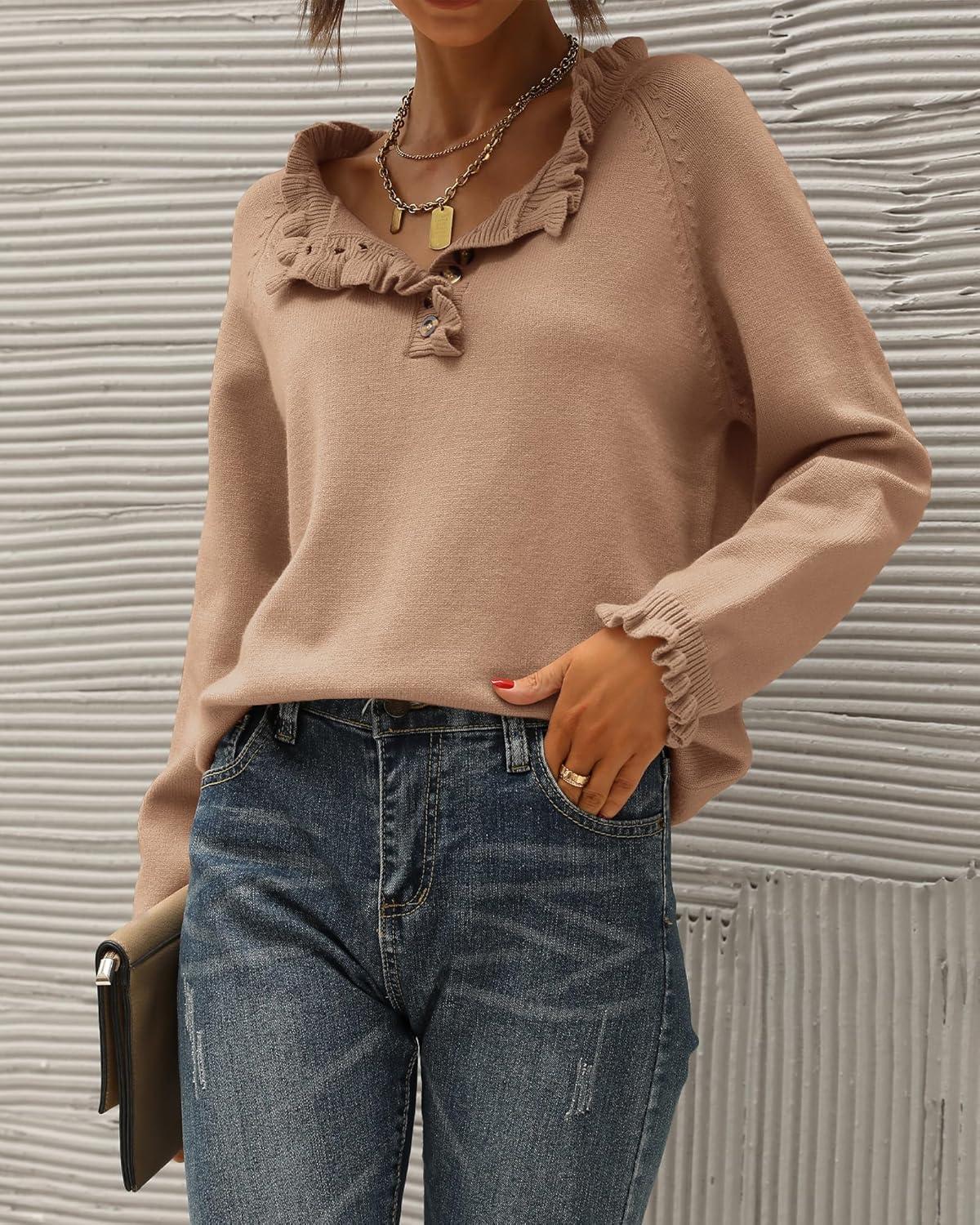 imageBTFBM Womens Sweaters Fall Winter Clothes 2025 Long Sleeve Button Down Ruffle Crew Neck Casual Knitted Pullover TopsKhaki