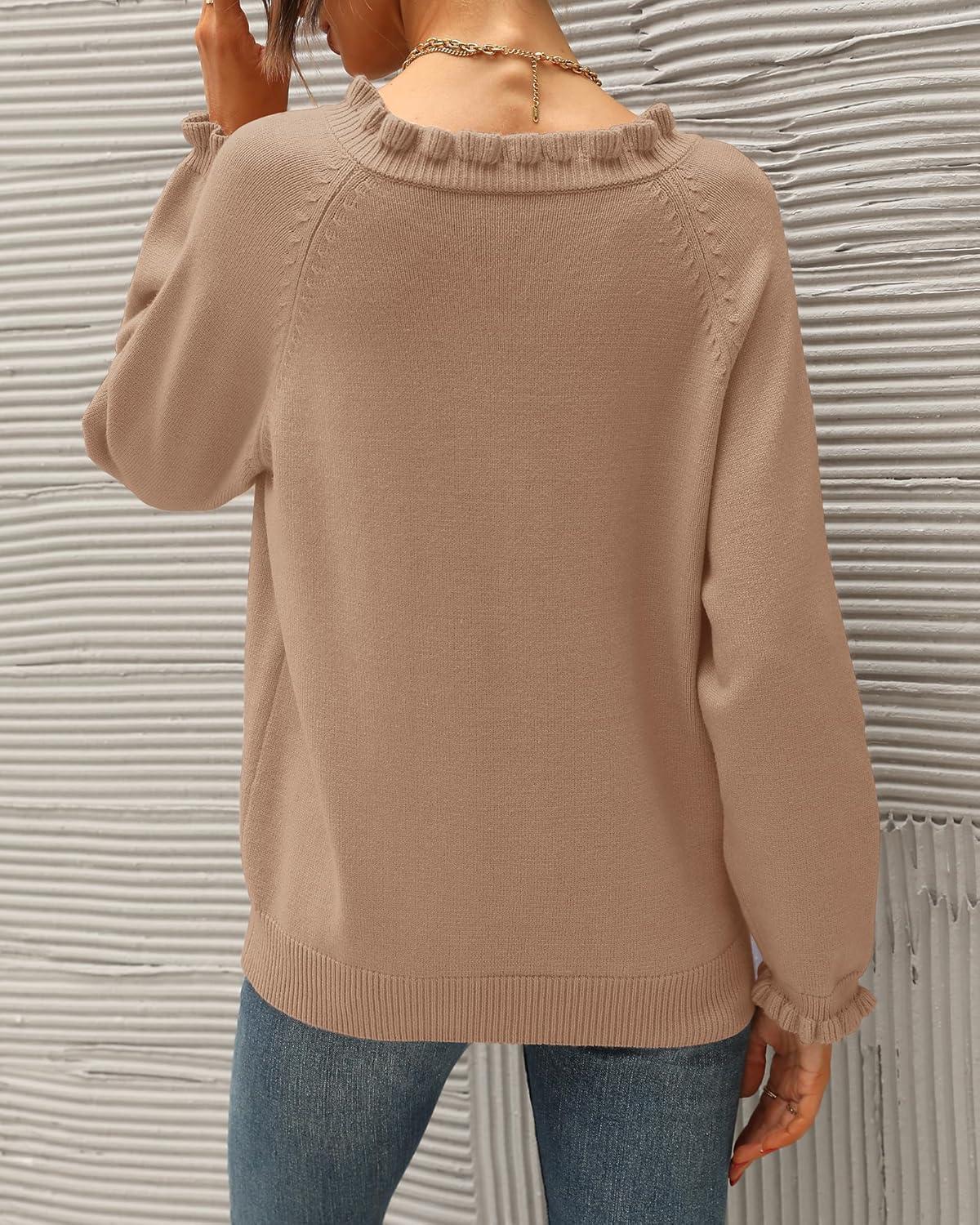 imageBTFBM Womens Sweaters Fall Winter Clothes 2025 Long Sleeve Button Down Ruffle Crew Neck Casual Knitted Pullover TopsKhaki