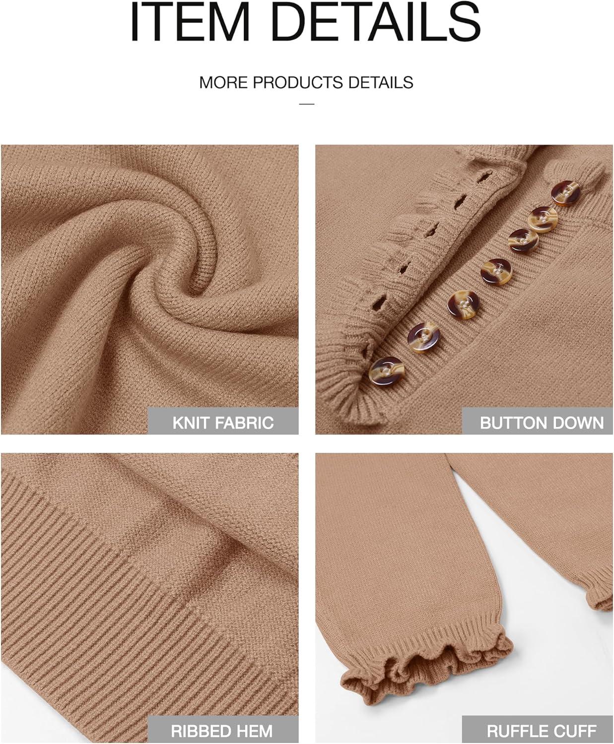 imageBTFBM Womens Sweaters Fall Winter Clothes 2025 Long Sleeve Button Down Ruffle Crew Neck Casual Knitted Pullover TopsKhaki