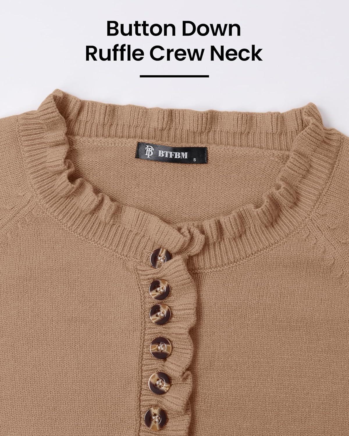 imageBTFBM Womens Sweaters Fall Winter Clothes 2025 Long Sleeve Button Down Ruffle Crew Neck Casual Knitted Pullover TopsKhaki