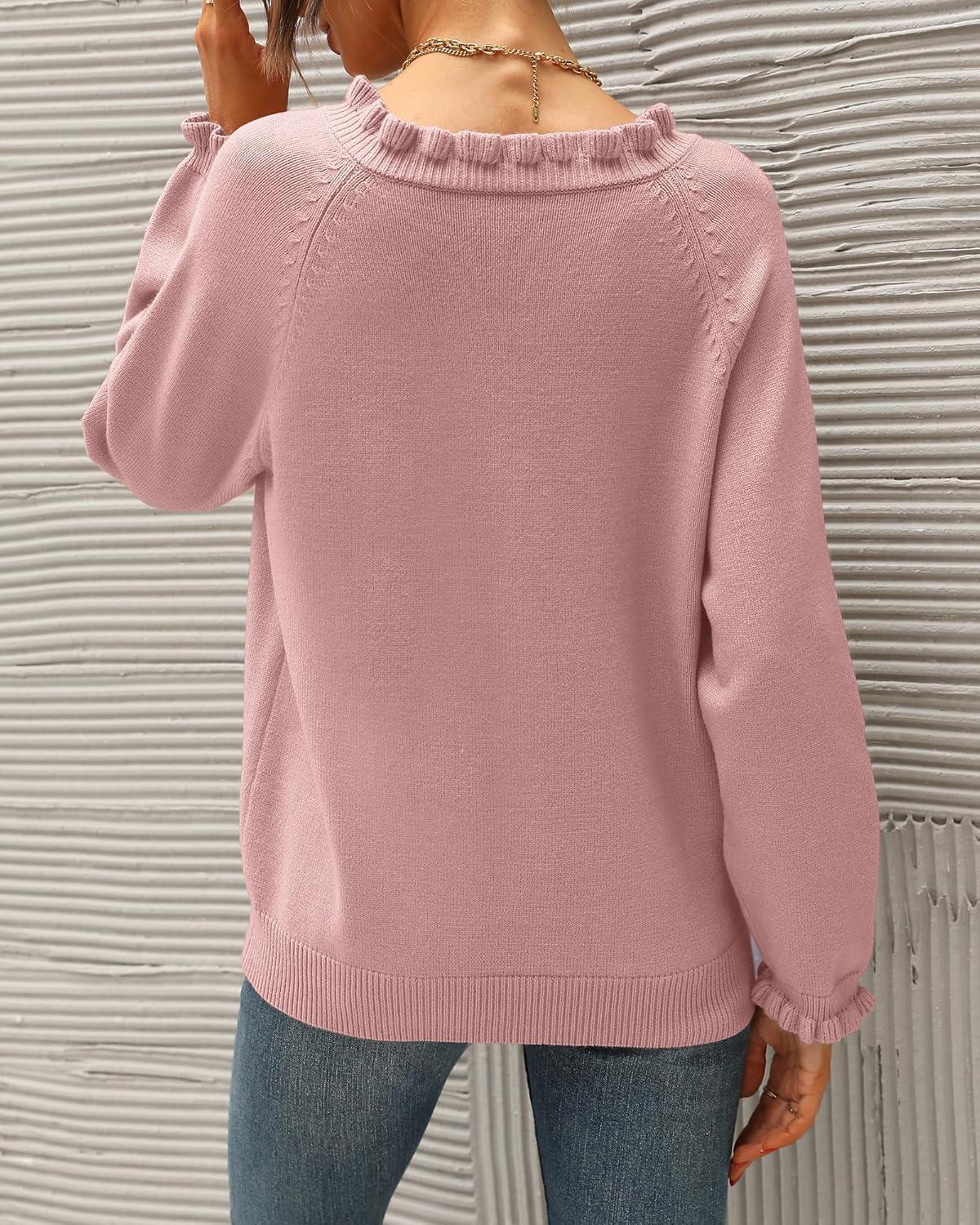 imageBTFBM Womens Sweaters Fall Winter Clothes 2025 Long Sleeve Button Down Ruffle Crew Neck Casual Knitted Pullover TopsMid Pink