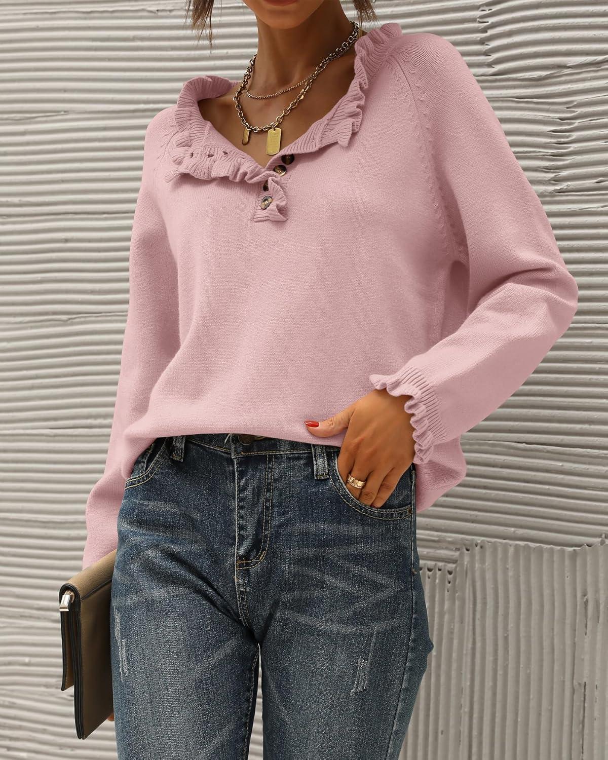 imageBTFBM Womens Sweaters Fall Winter Clothes 2025 Long Sleeve Button Down Ruffle Crew Neck Casual Knitted Pullover TopsMid Pink