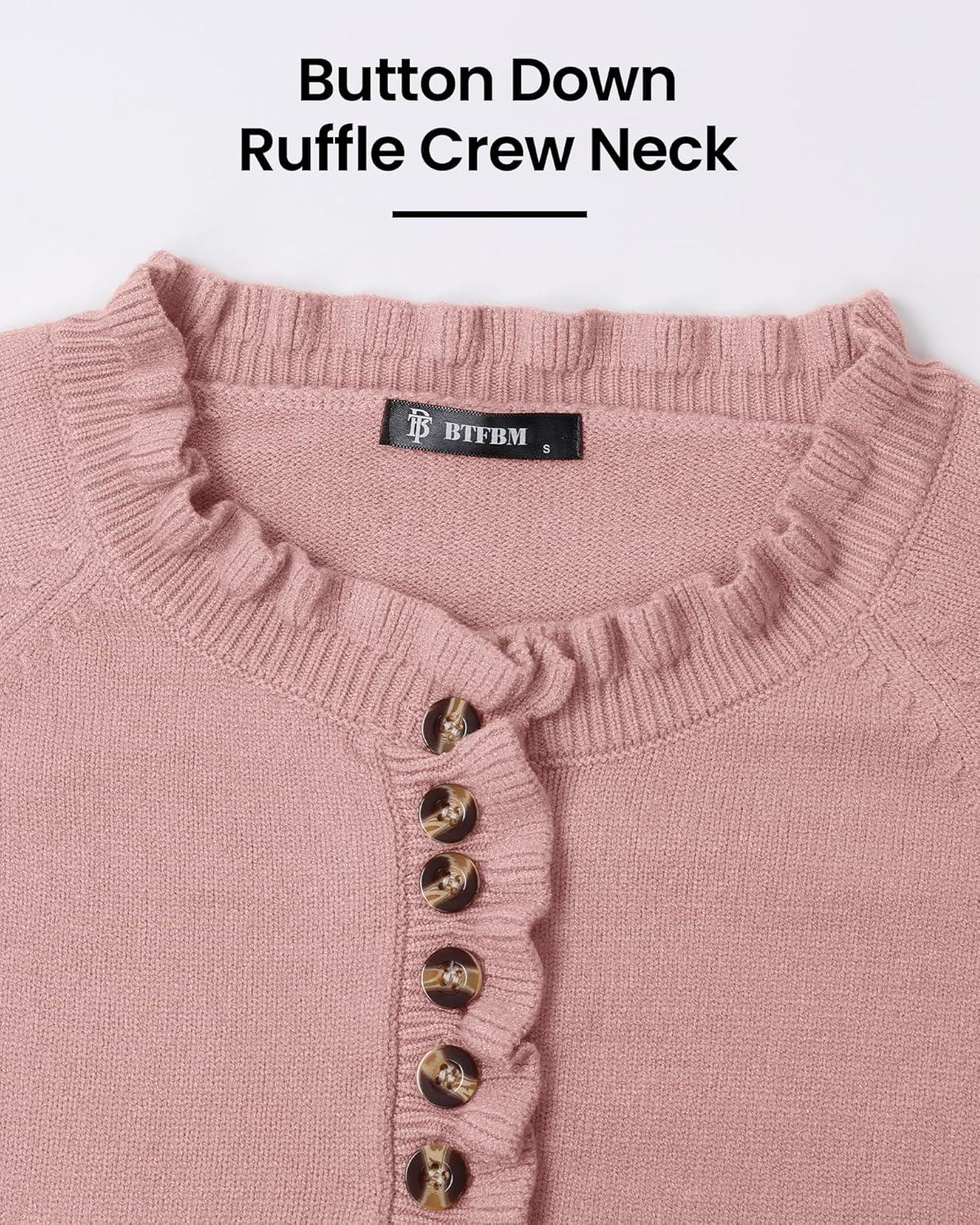 imageBTFBM Womens Sweaters Fall Winter Clothes 2025 Long Sleeve Button Down Ruffle Crew Neck Casual Knitted Pullover TopsMid Pink