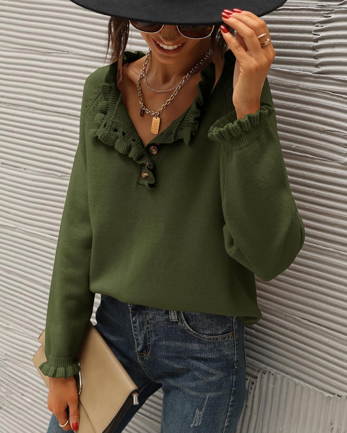 imageBTFBM Womens Sweaters Fall Winter Clothes 2025 Long Sleeve Button Down Ruffle Crew Neck Casual Knitted Pullover TopsOlive Green