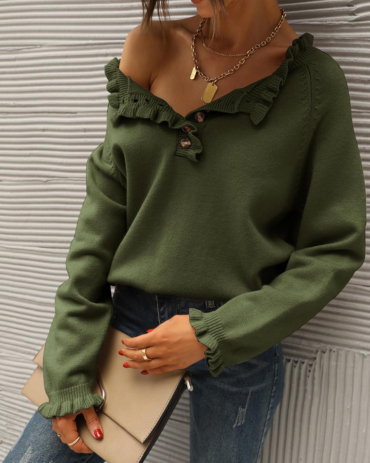 imageBTFBM Womens Sweaters Fall Winter Clothes 2025 Long Sleeve Button Down Ruffle Crew Neck Casual Knitted Pullover TopsOlive Green
