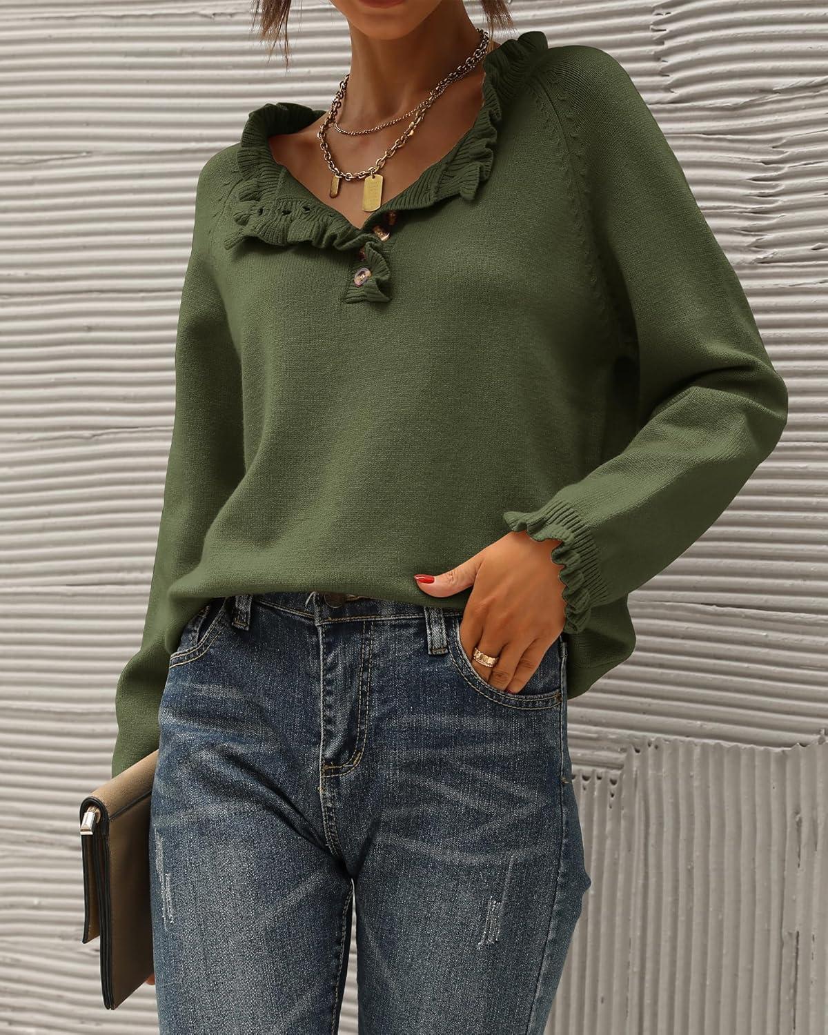 imageBTFBM Womens Sweaters Fall Winter Clothes 2025 Long Sleeve Button Down Ruffle Crew Neck Casual Knitted Pullover TopsOlive Green