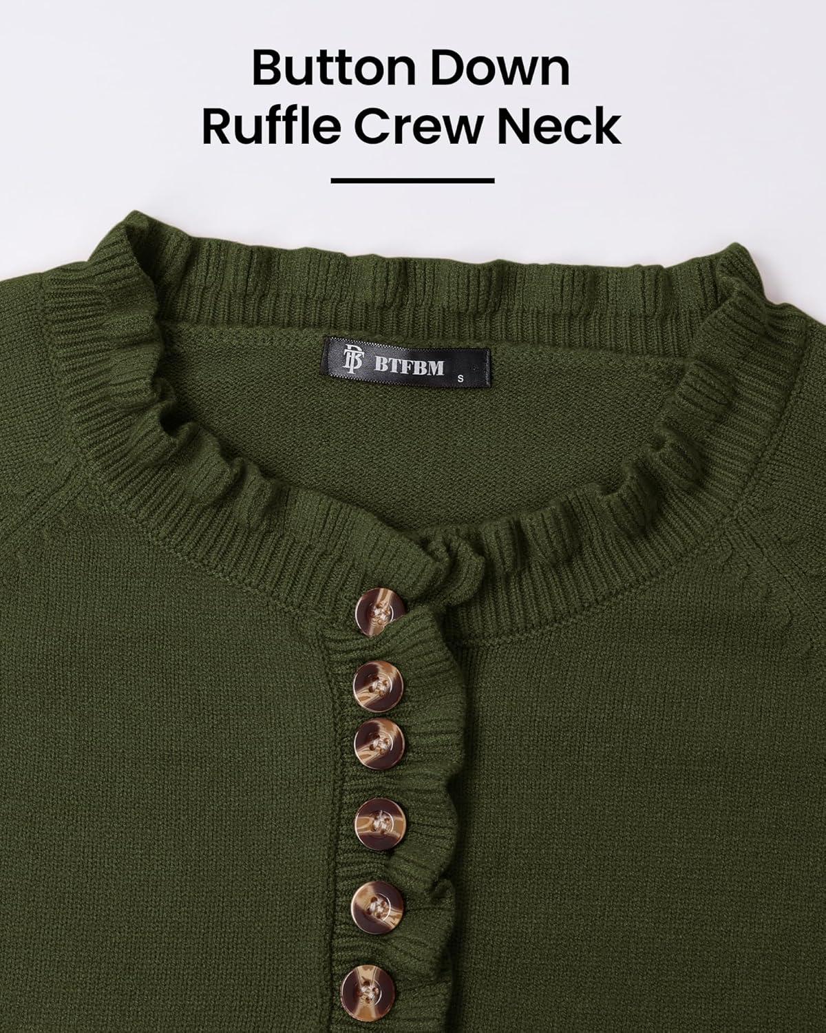 imageBTFBM Womens Sweaters Fall Winter Clothes 2025 Long Sleeve Button Down Ruffle Crew Neck Casual Knitted Pullover TopsOlive Green