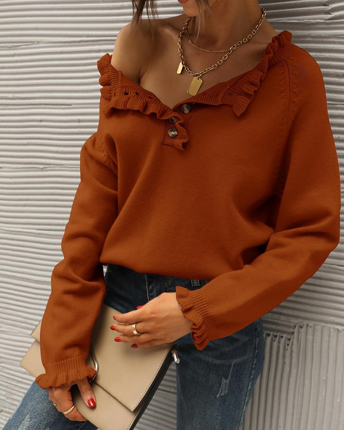 imageBTFBM Womens Sweaters Fall Winter Clothes 2025 Long Sleeve Button Down Ruffle Crew Neck Casual Knitted Pullover TopsOrange Yellow