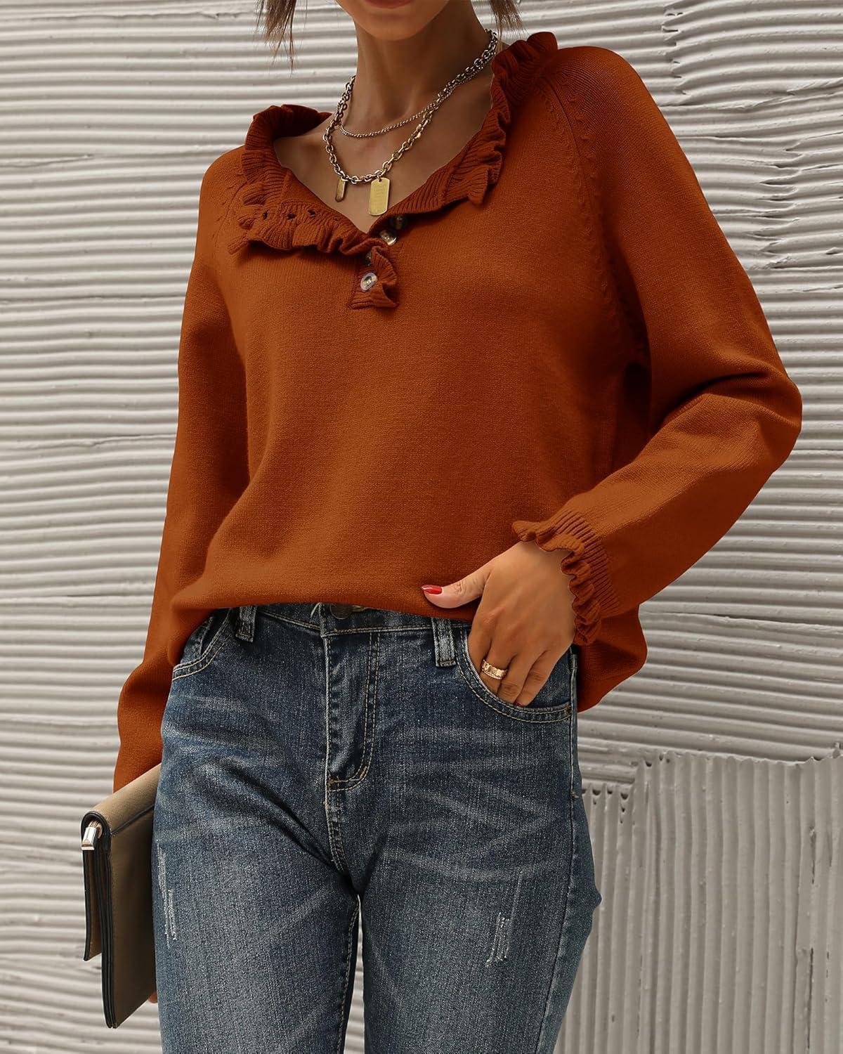 imageBTFBM Womens Sweaters Fall Winter Clothes 2025 Long Sleeve Button Down Ruffle Crew Neck Casual Knitted Pullover TopsOrange Yellow