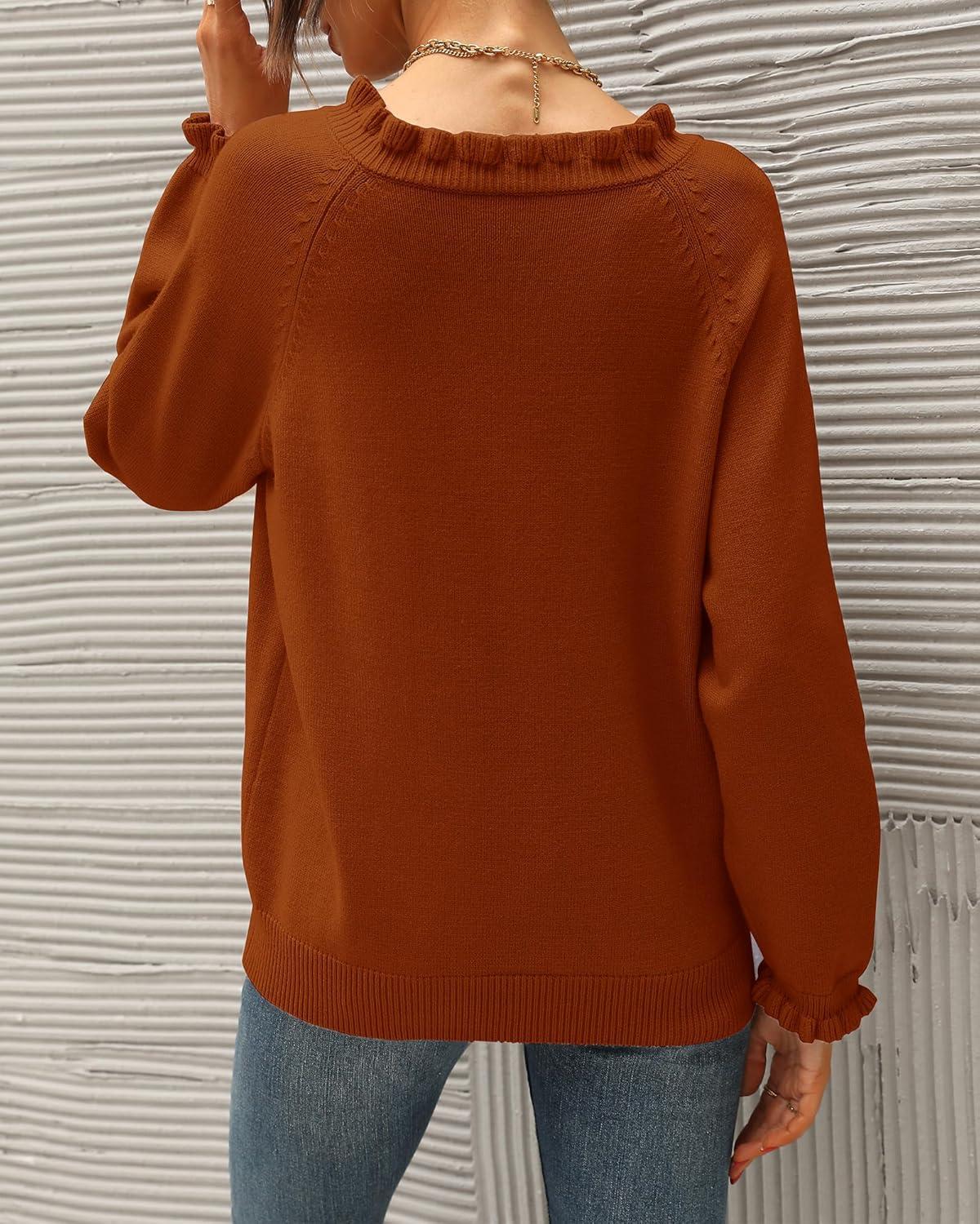 imageBTFBM Womens Sweaters Fall Winter Clothes 2025 Long Sleeve Button Down Ruffle Crew Neck Casual Knitted Pullover TopsOrange Yellow