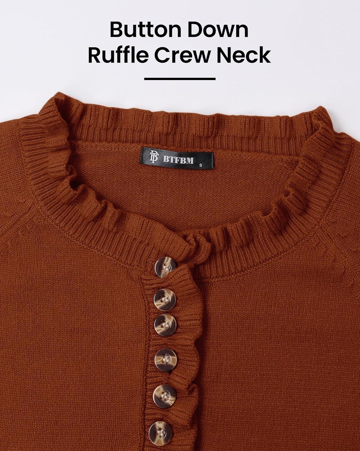 imageBTFBM Womens Sweaters Fall Winter Clothes 2025 Long Sleeve Button Down Ruffle Crew Neck Casual Knitted Pullover TopsOrange Yellow