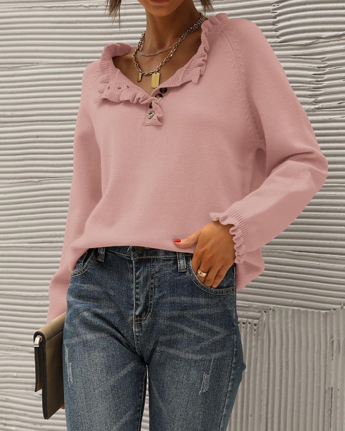 imageBTFBM Womens Sweaters Fall Winter Clothes 2025 Long Sleeve Button Down Ruffle Crew Neck Casual Knitted Pullover TopsPink