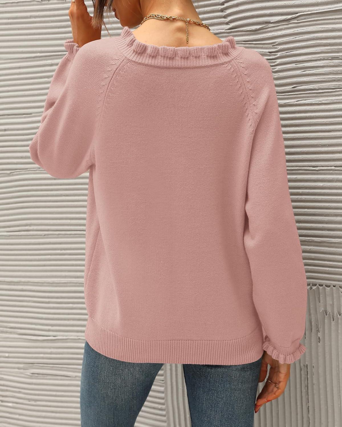 imageBTFBM Womens Sweaters Fall Winter Clothes 2025 Long Sleeve Button Down Ruffle Crew Neck Casual Knitted Pullover TopsPink