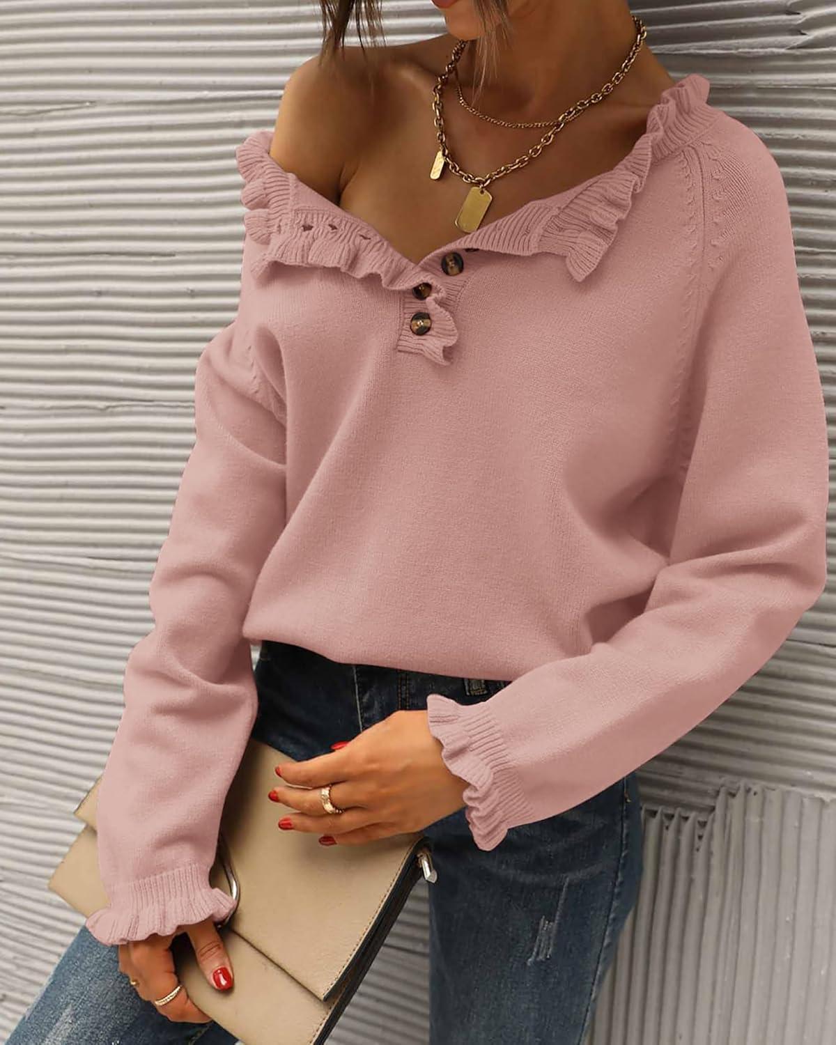 imageBTFBM Womens Sweaters Fall Winter Clothes 2025 Long Sleeve Button Down Ruffle Crew Neck Casual Knitted Pullover TopsPink
