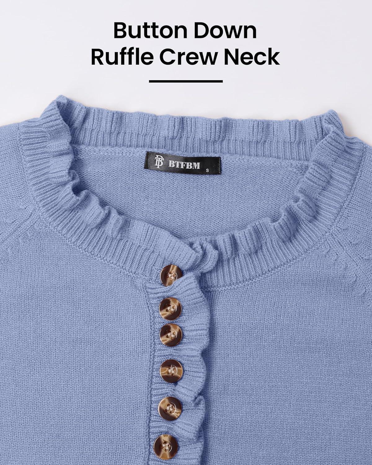 imageBTFBM Womens Sweaters Fall Winter Clothes 2025 Long Sleeve Button Down Ruffle Crew Neck Casual Knitted Pullover TopsSky Blue