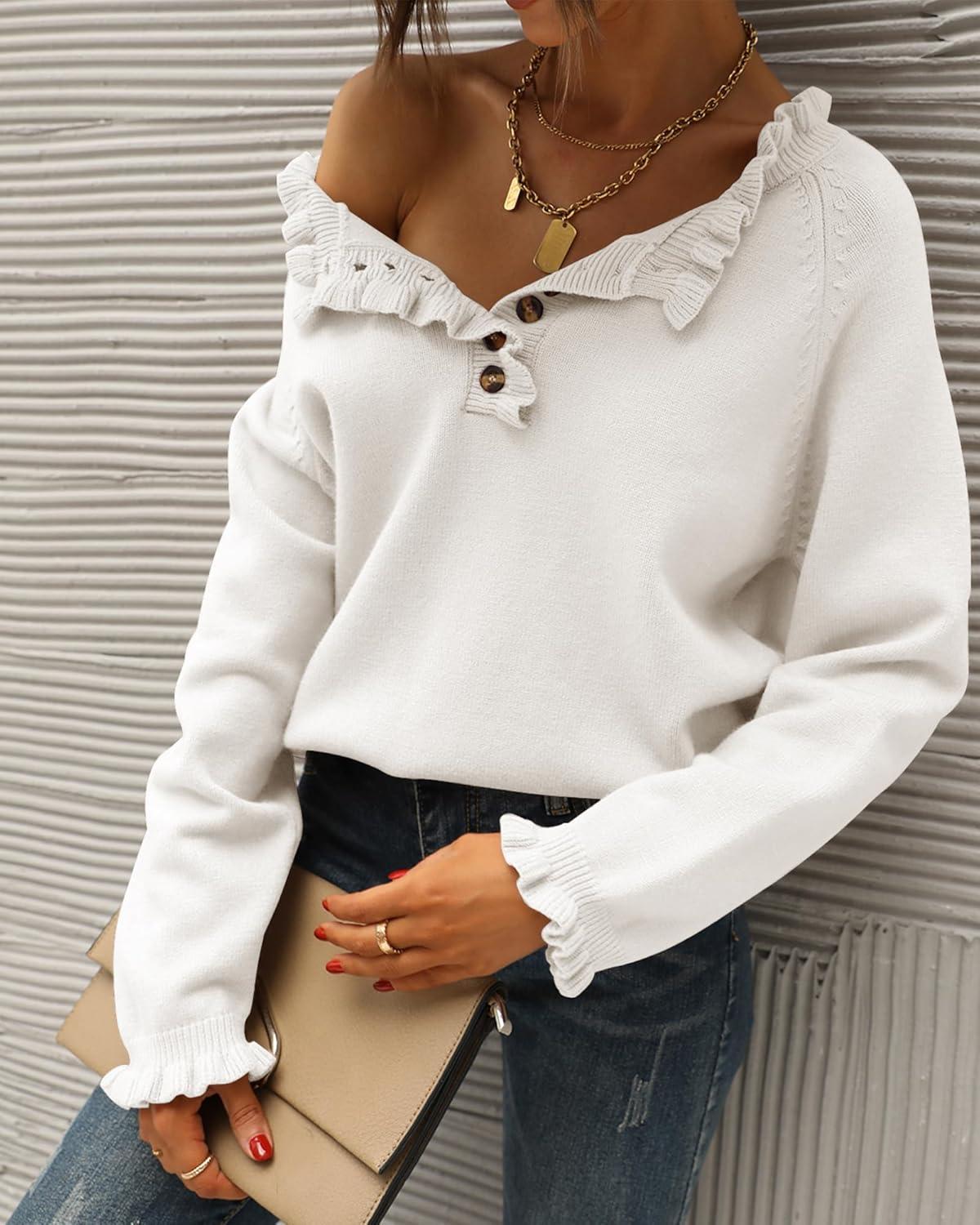 imageBTFBM Womens Sweaters Fall Winter Clothes 2025 Long Sleeve Button Down Ruffle Crew Neck Casual Knitted Pullover TopsWhite