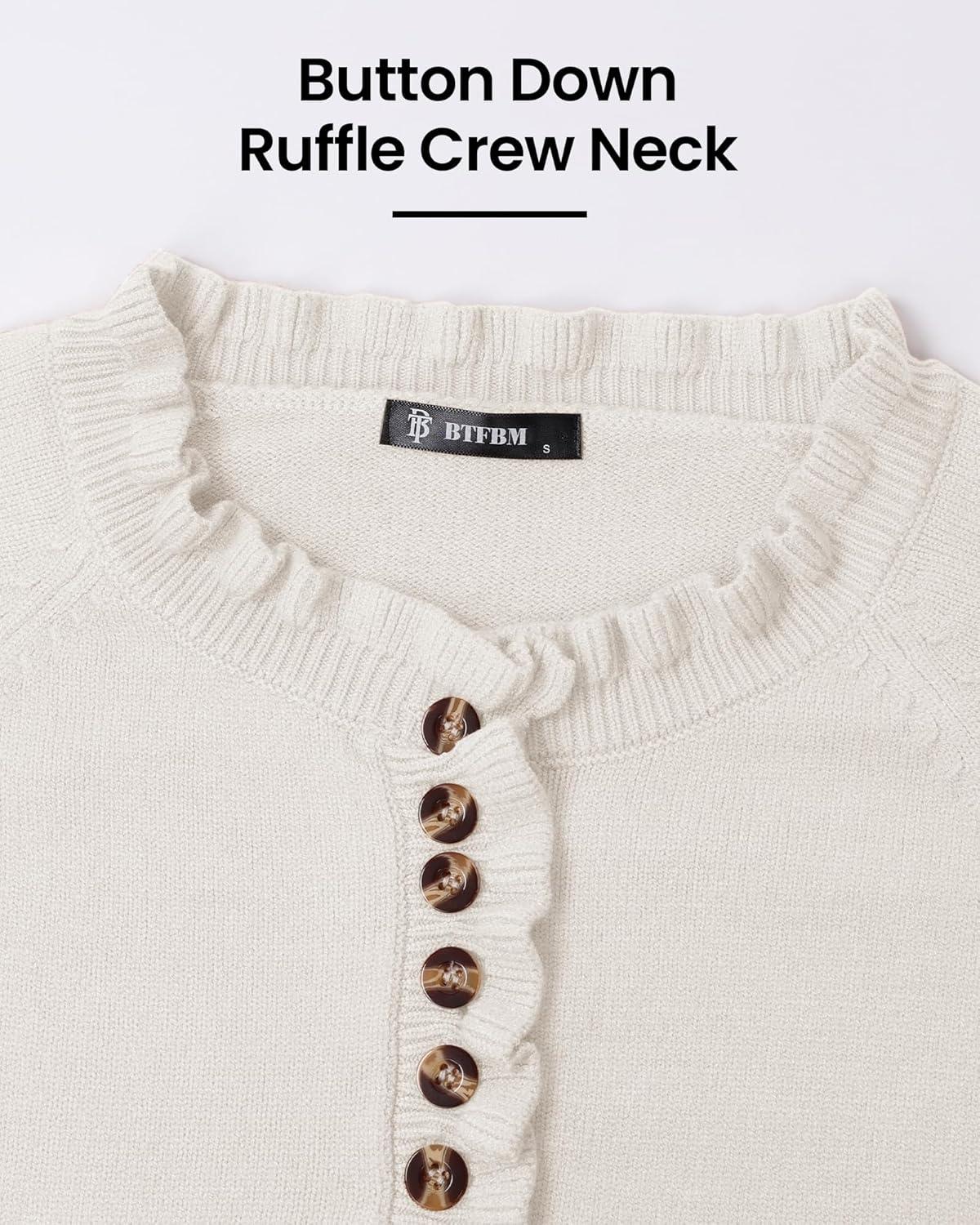 imageBTFBM Womens Sweaters Fall Winter Clothes 2025 Long Sleeve Button Down Ruffle Crew Neck Casual Knitted Pullover TopsWhite