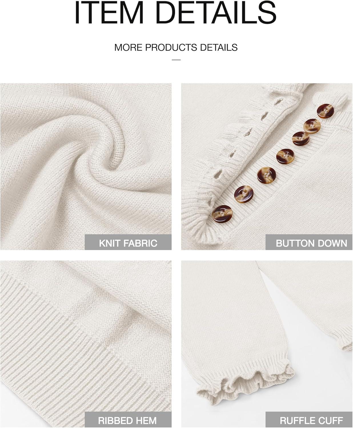 imageBTFBM Womens Sweaters Fall Winter Clothes 2025 Long Sleeve Button Down Ruffle Crew Neck Casual Knitted Pullover TopsWhite