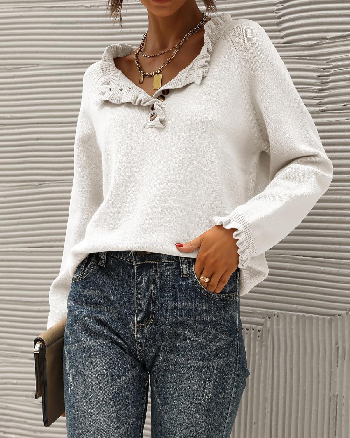 imageBTFBM Womens Sweaters Fall Winter Clothes 2025 Long Sleeve Button Down Ruffle Crew Neck Casual Knitted Pullover TopsWhite