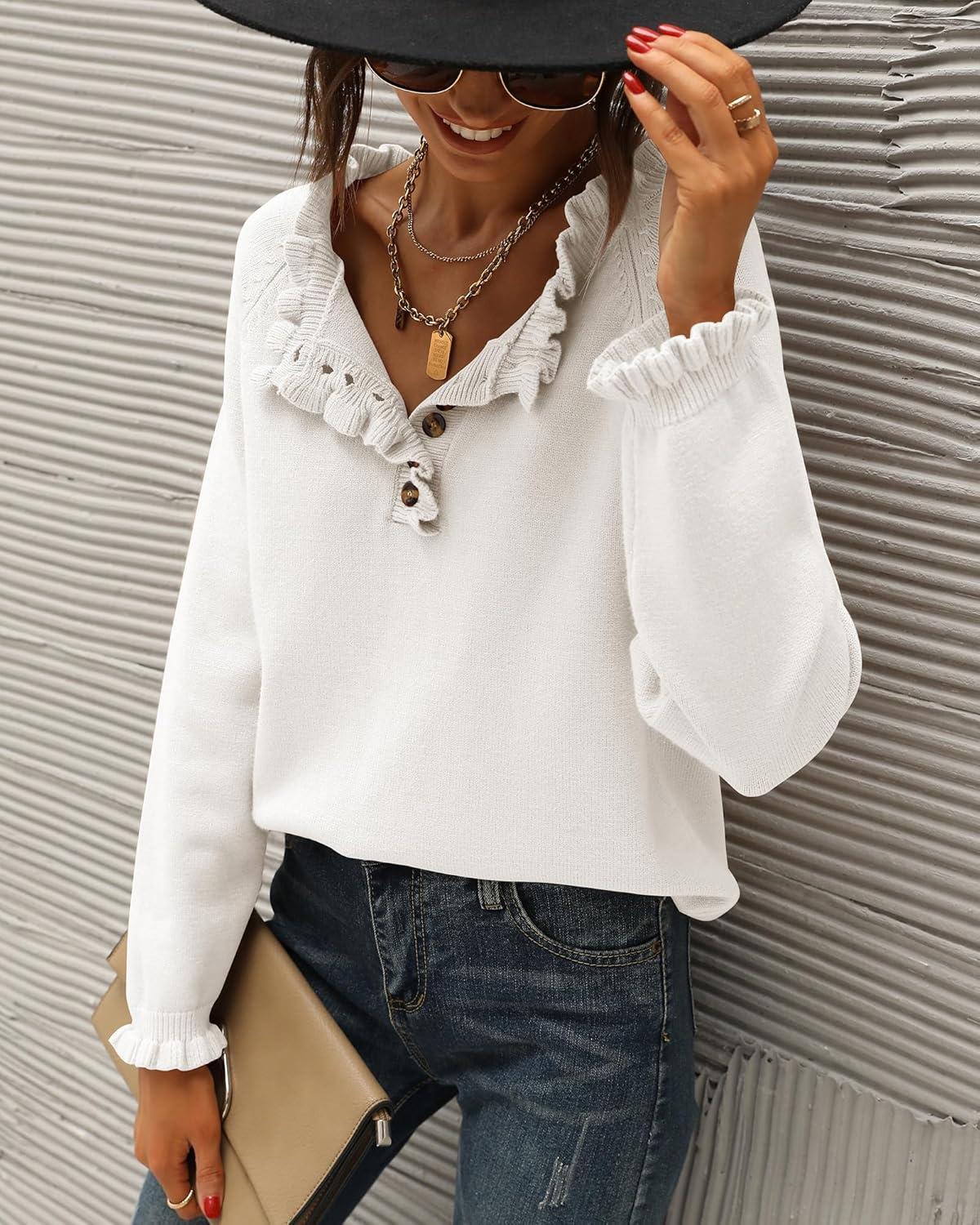 imageBTFBM Womens Sweaters Fall Winter Clothes 2025 Long Sleeve Button Down Ruffle Crew Neck Casual Knitted Pullover TopsWhite